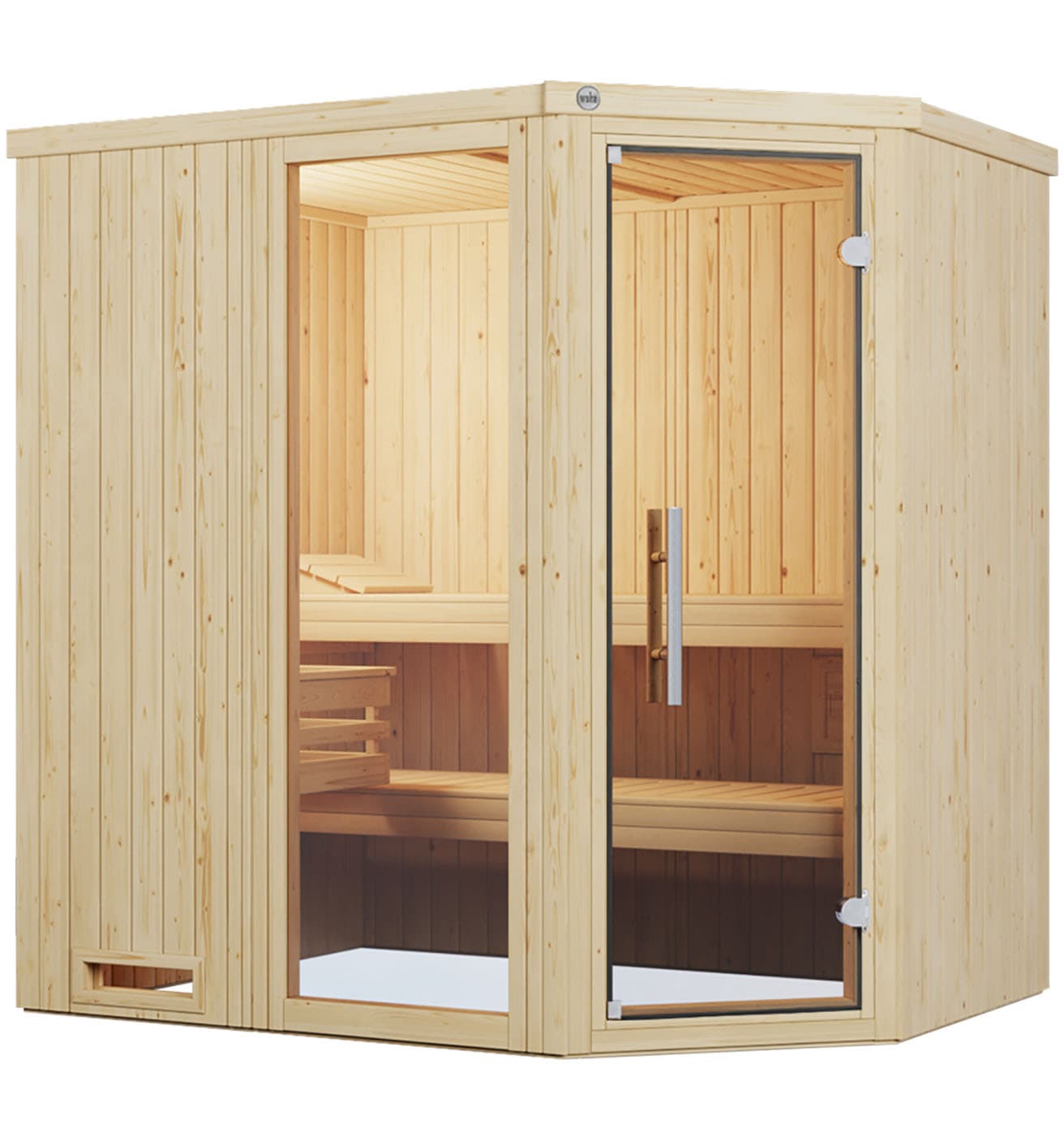 Sauna WEKA "Element-Ecksauna VARBERG 1", beige (natur), Saunaofen, integrierte Steuerung, 5,4 kW, Saunen, vorgefertigte Elemente, Fensterelement, moderne Ganzglastür