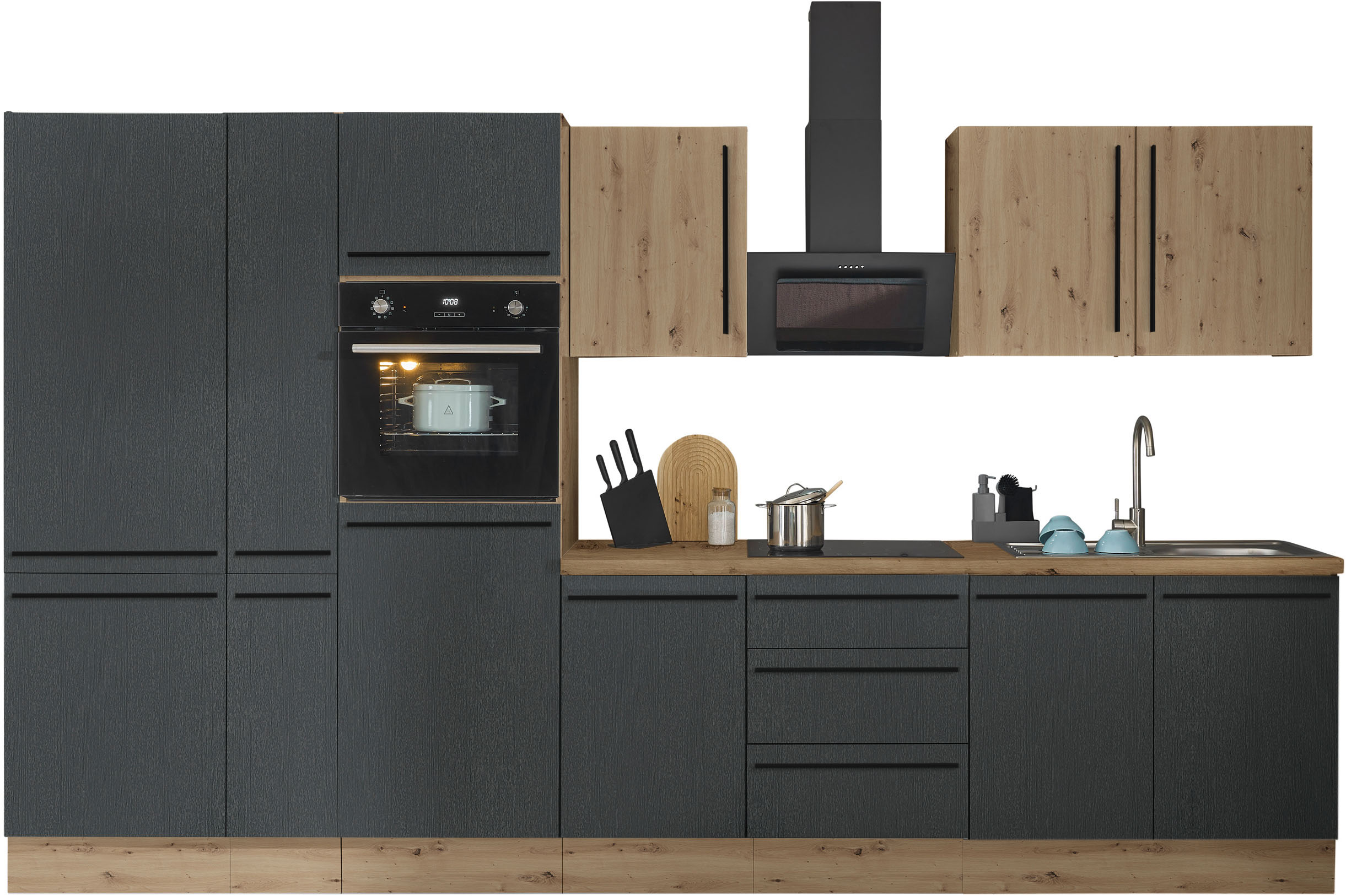 Küchenzeile KOCHSTATION "Florida", schwarz (küche: schwarz, front: artisan eiche, schwarz matt, korpus: artisan eiche, arbeitsplatte: artisan eiche), B:360cm H:211cm T:60cm, Komplettküchen-Sets, Breite 360 cm, wahlweise mit E-Geräten,Softclose für... Image