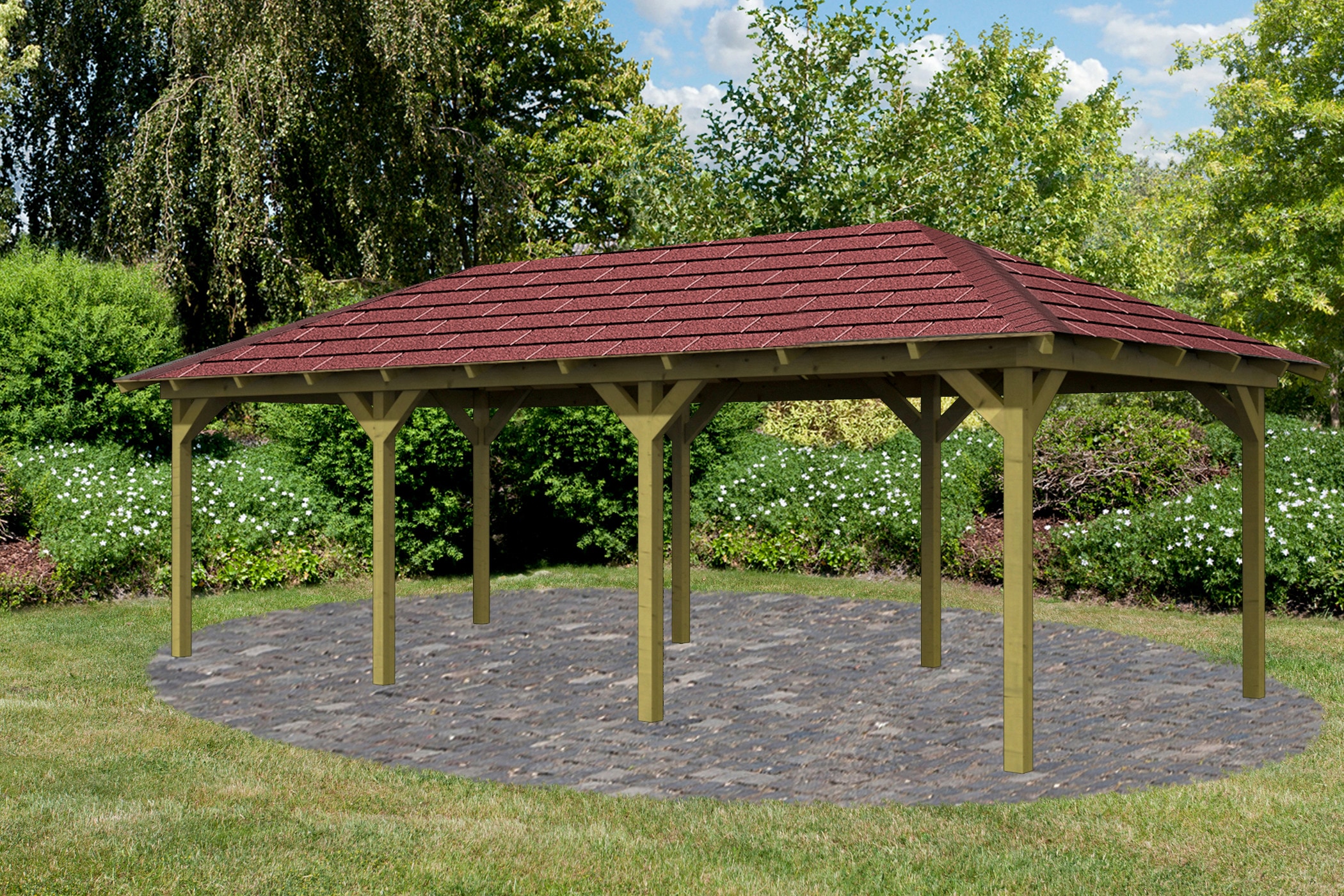 Pavillon KARIBU "Mailand 2", rot, B/H/T: 345cm x 296cm x 696cm, Pavillons, BxT: 345x696 cm, inkl. Dachschindeln und Pfostenanker Image