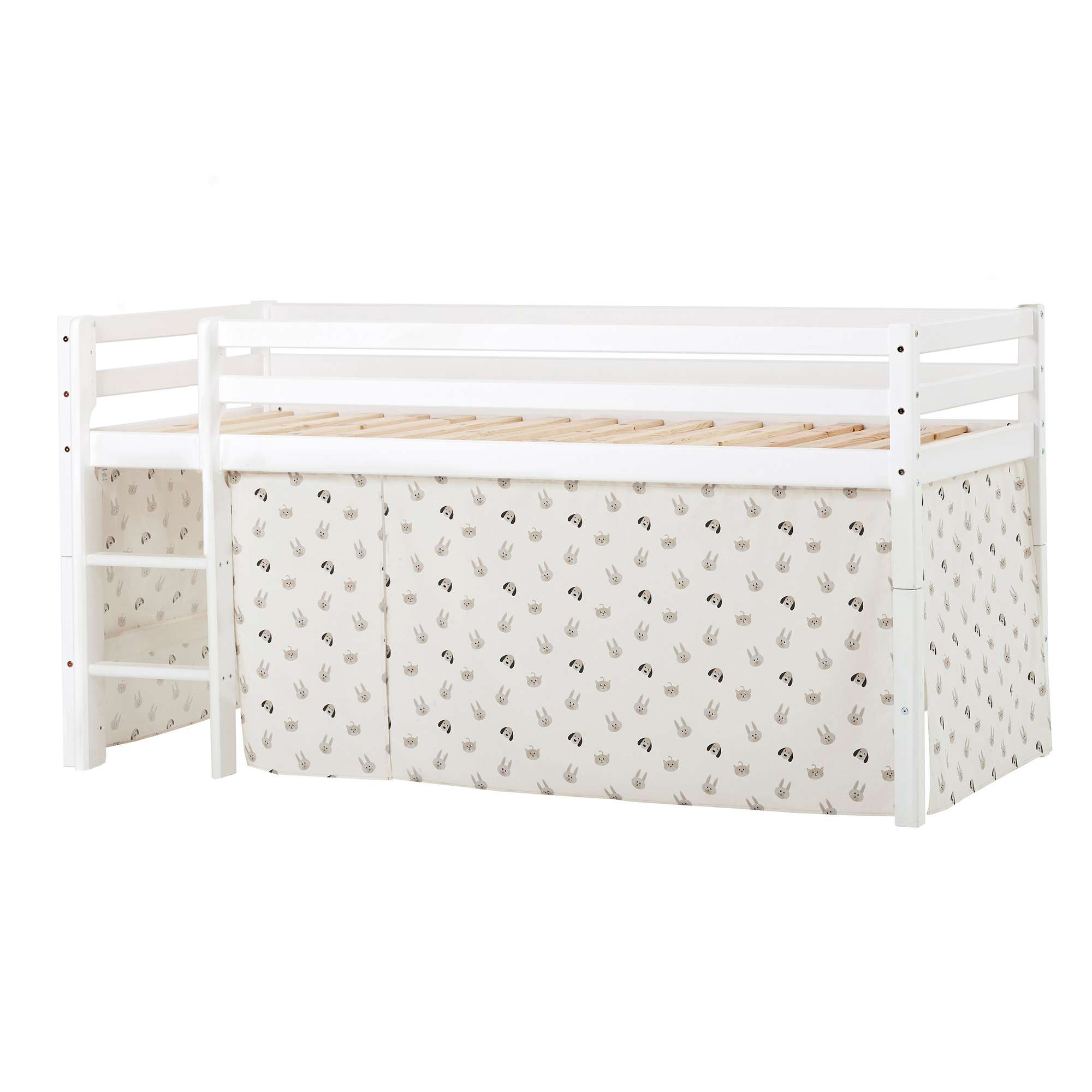 Hochbett HOPPEKIDS "ECO Dream, Kinderbett, Spielbett, Halbhohes Bett aus Massivholz", beige (weiß, pets natur), B:101cm H:105cm L:208cm, Kinderbett: 100% Massivholz: Nordische Kiefer, Vorhang: 100% Baumwolle, Hochbetten, Hochbett Kinderbett, inkl....