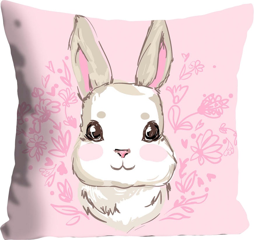 Dekokissen QUEENCE "Ivar", rosa (rosa, bedruckt), B:40 L:40, Polyester, Dekokissen_Sitzkissen_Kissenhüllen, mit einem süßen Häschen Image