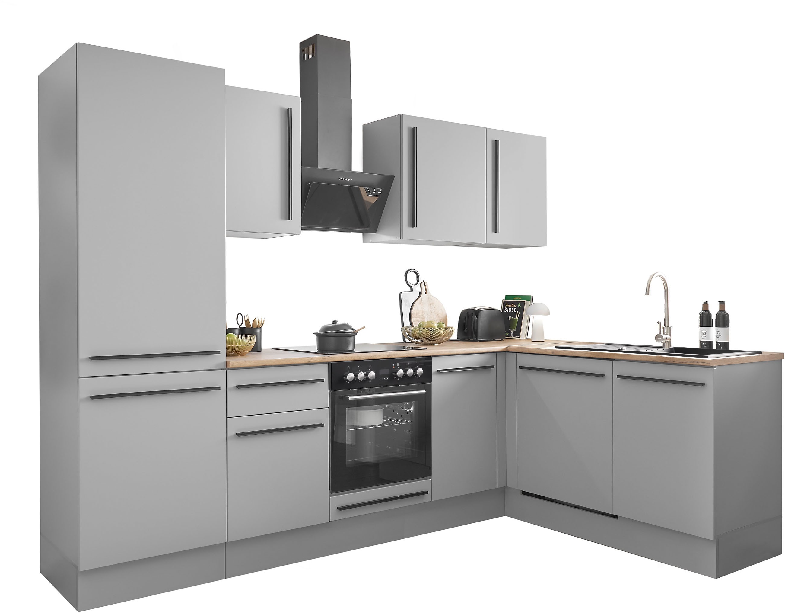 Winkelküche BASIC BY BALCULINA "Denver, Küche BxHxT 280/115 x 211 x 60", grau (küche: grau, korpus: grau matt, arbeitsplatte: lanzelot eiche), B:280cm H:211cm T:60cm, Komplettküchen-Sets, Küchenzeile, Breite 280 cm, wahlweise mit E-Geräten und...