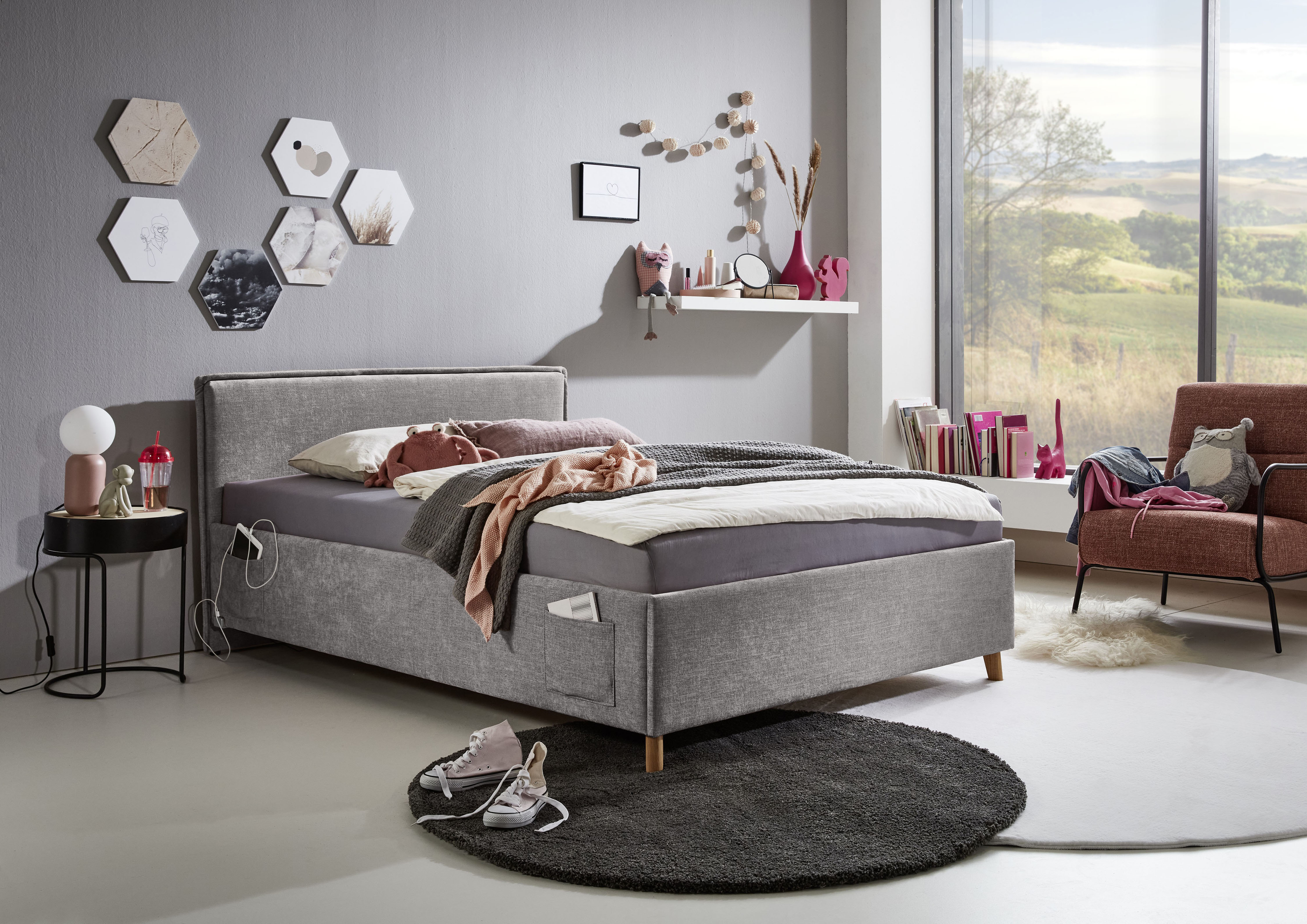 Kinderbett MEISE.MÖBEL "FUN", grau (grau, grau), B:153cm L:215cm, Betten, Kinderbett, Polsterbett wahlweise mit Bettkasten, Jugendbett inkl. USB-Anschluss