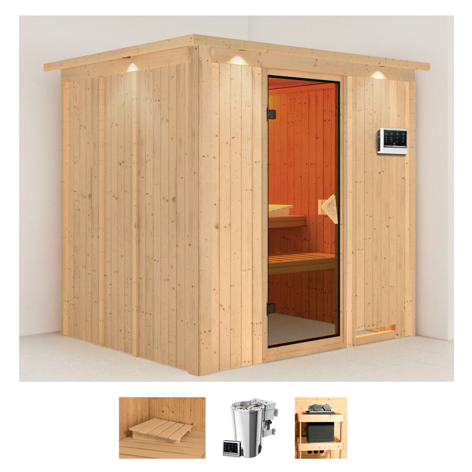 Sauna KARIBU "Dima", beige (naturbelassen), Bio-Kombiofen, externe Steuerung, 3,6 kW, Saunen, 3,6-kW-Bio-Plug & Play Ofen mit externer Steuerung Image