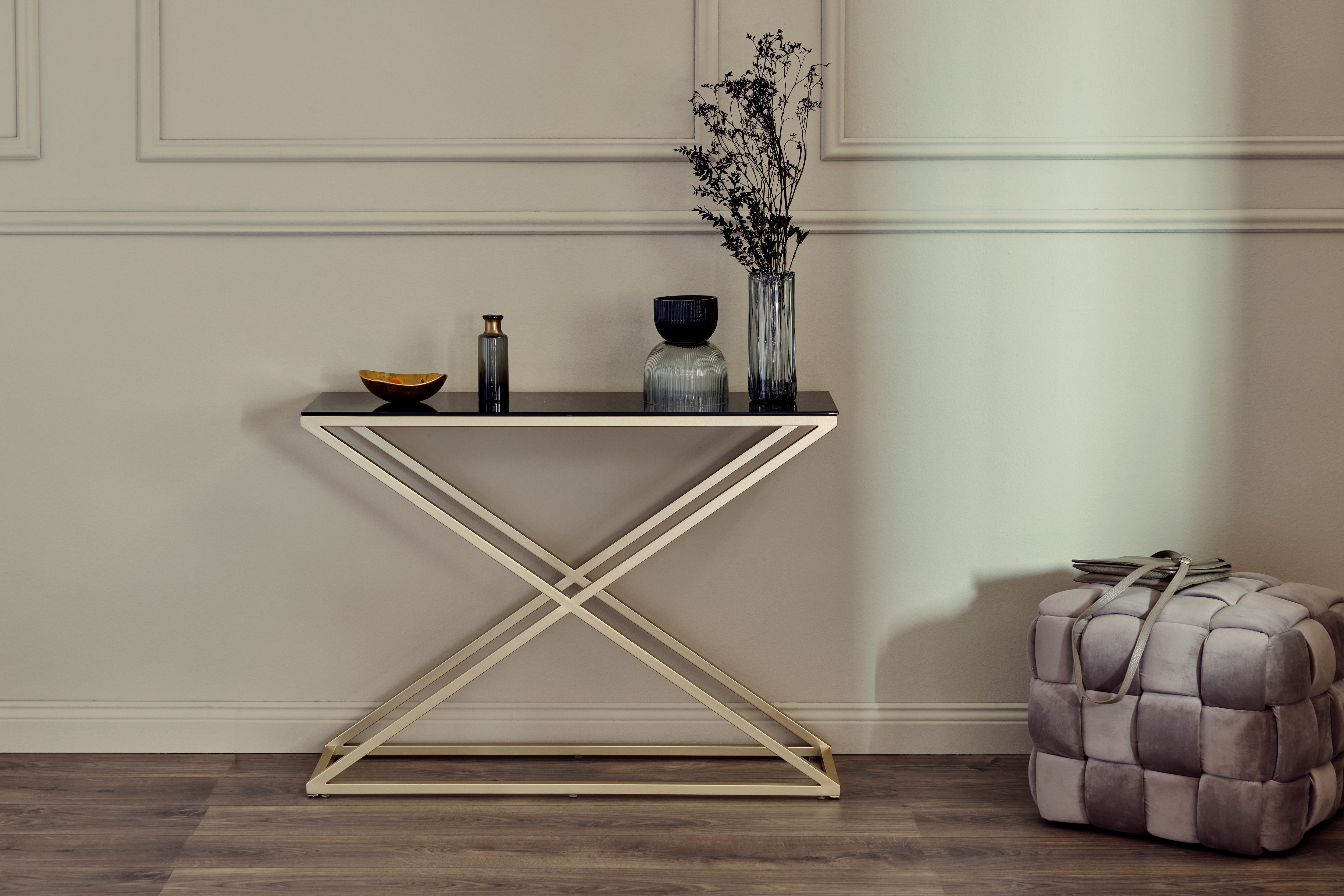 Konsolentisch JAHNKE "XTRA CONSOLE", gold (schwarzglas, gold, goldfarben, schwarzglas), B:100cm H:76cm T:30cm, Tische, Konsole/Beistelltisch in Gold-Look, aus Sicherheitsglas gefertigt