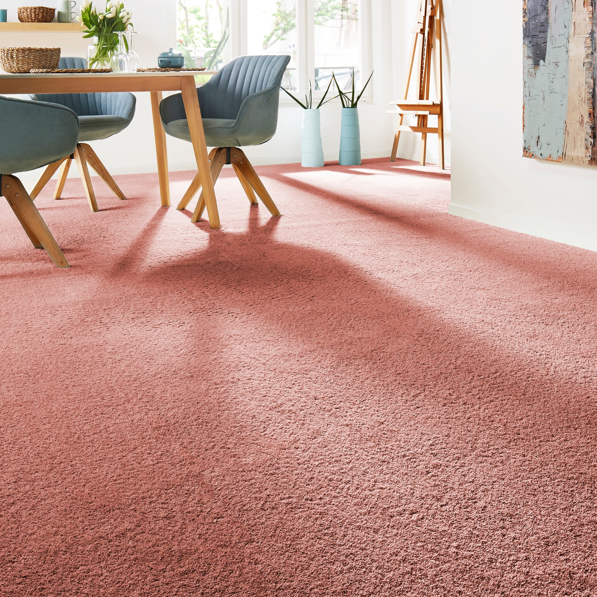 Teppichboden ANDIAMO "Verona, Velours, Made in Belgium", rot (coral), B:500cm H:6mm L:500cm, Kunstfaser, Teppiche, Uni Farben, Breite 400 cm oder 500 cm, strapazierfähig, pflegeleicht Image
