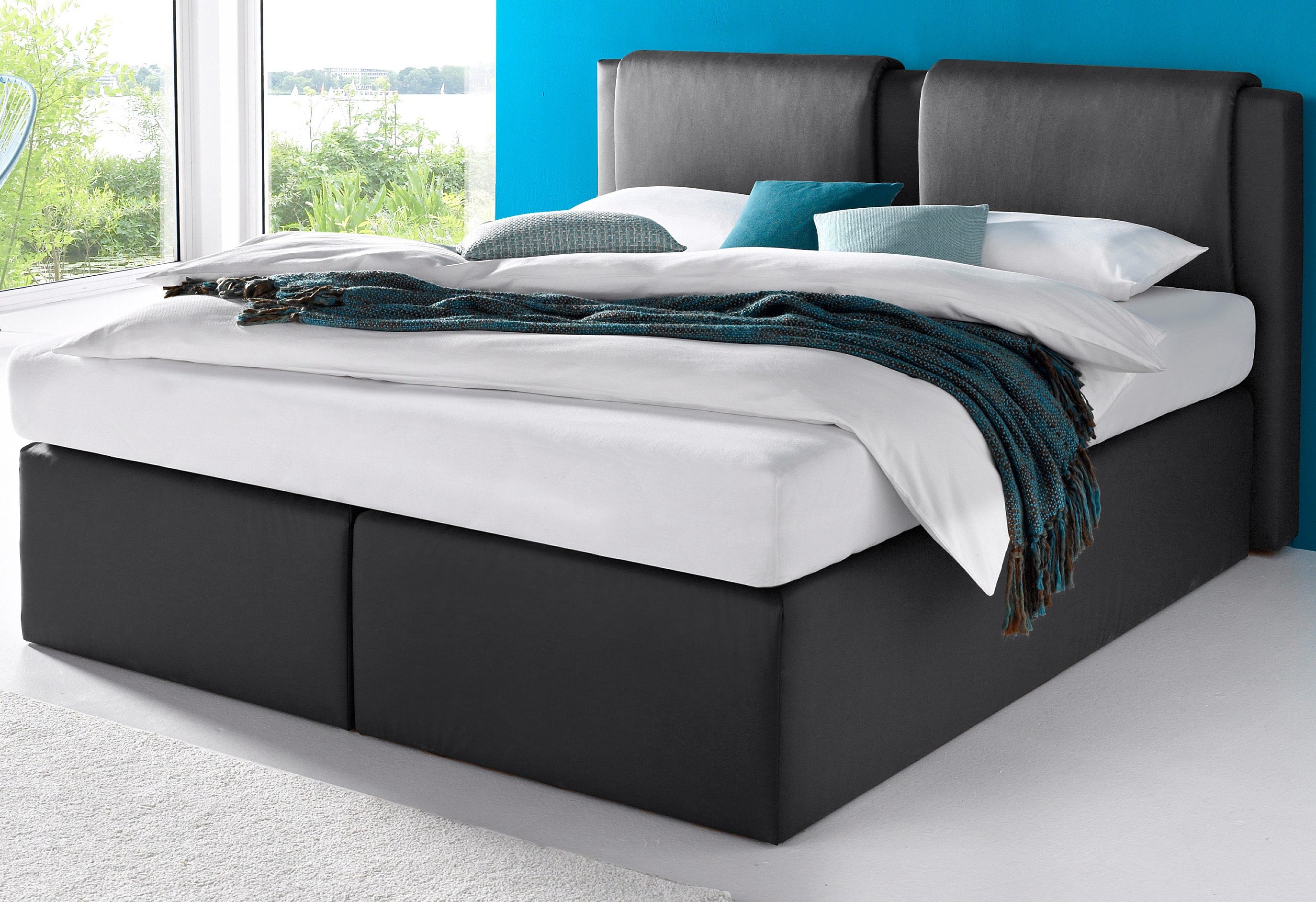 Boxspringbett, schwarz, Liegefläche B/L: 180cm x 200cm, H2, 7-Zonen-Kaltschaummatratze, Bonnell- Federkernmatratze: Bezug obere Matratze: 80% Baumwolle, 20% Polyester;7-Zonen-Kaltschaummatratze: Bezug obere Matratze: 80% Baumwolle, 20%...