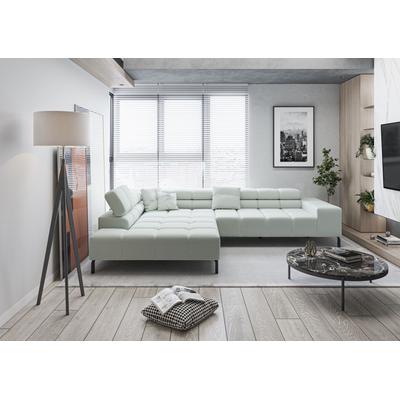 Ecksofa INOSIGN "Ancona New, wahlweise motorische Sitztiefenverstellung, auch in Cord", grün (mint), B:321cm T:216cm, 100% Polyester, Sofas, Ecksofa, feine Steppung, mit Kopfteilverstellung, 3 Zierkissen, L-Form Image