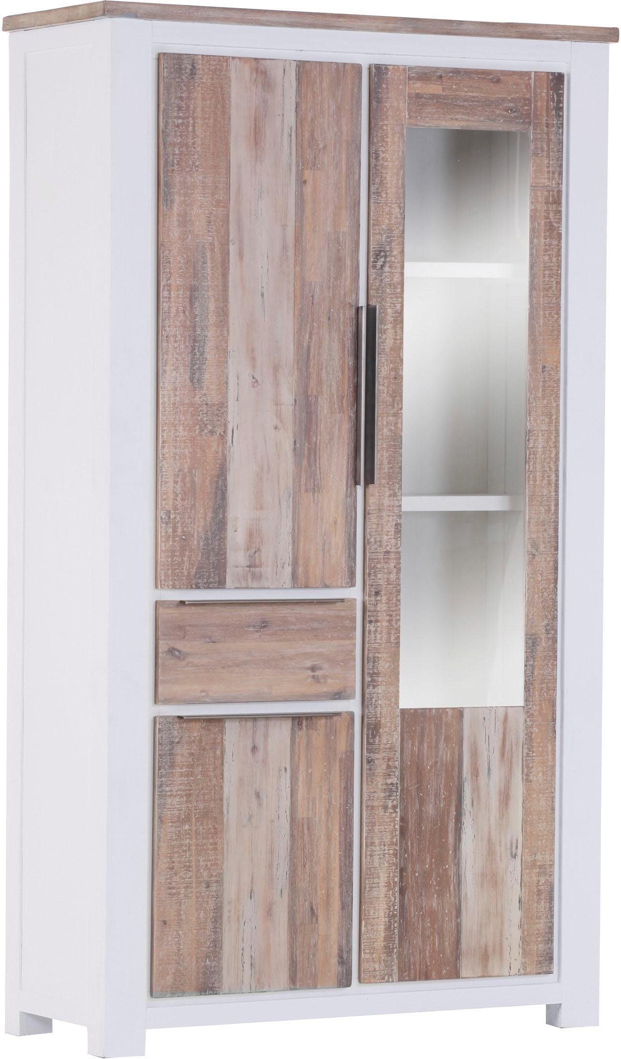 Vitrine GUTMANN FACTORY "Tampa", weiß (weiß, natur), B:115cm H:200cm T:48cm, Holz teilmassiv, Schränke, in modernem Vintage Stil