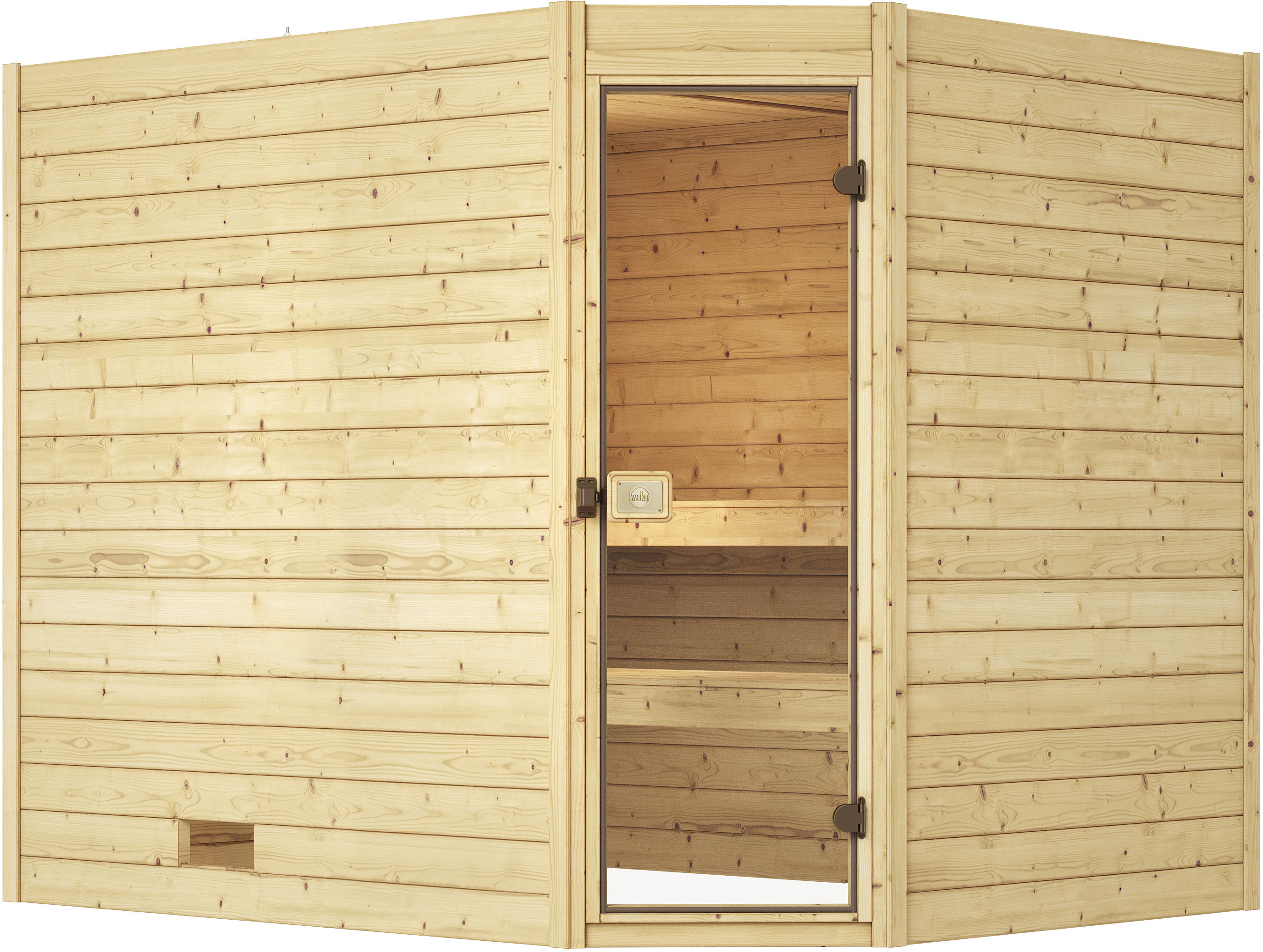 Sauna WEKA "Massivholzsauna VALIDA Eck 3", beige (natur), Bio-Ofen, externe Steuerung, 7,5 kW, Saunen, Blockbohlen, moderne Ganzglastür, Eckeinstieg