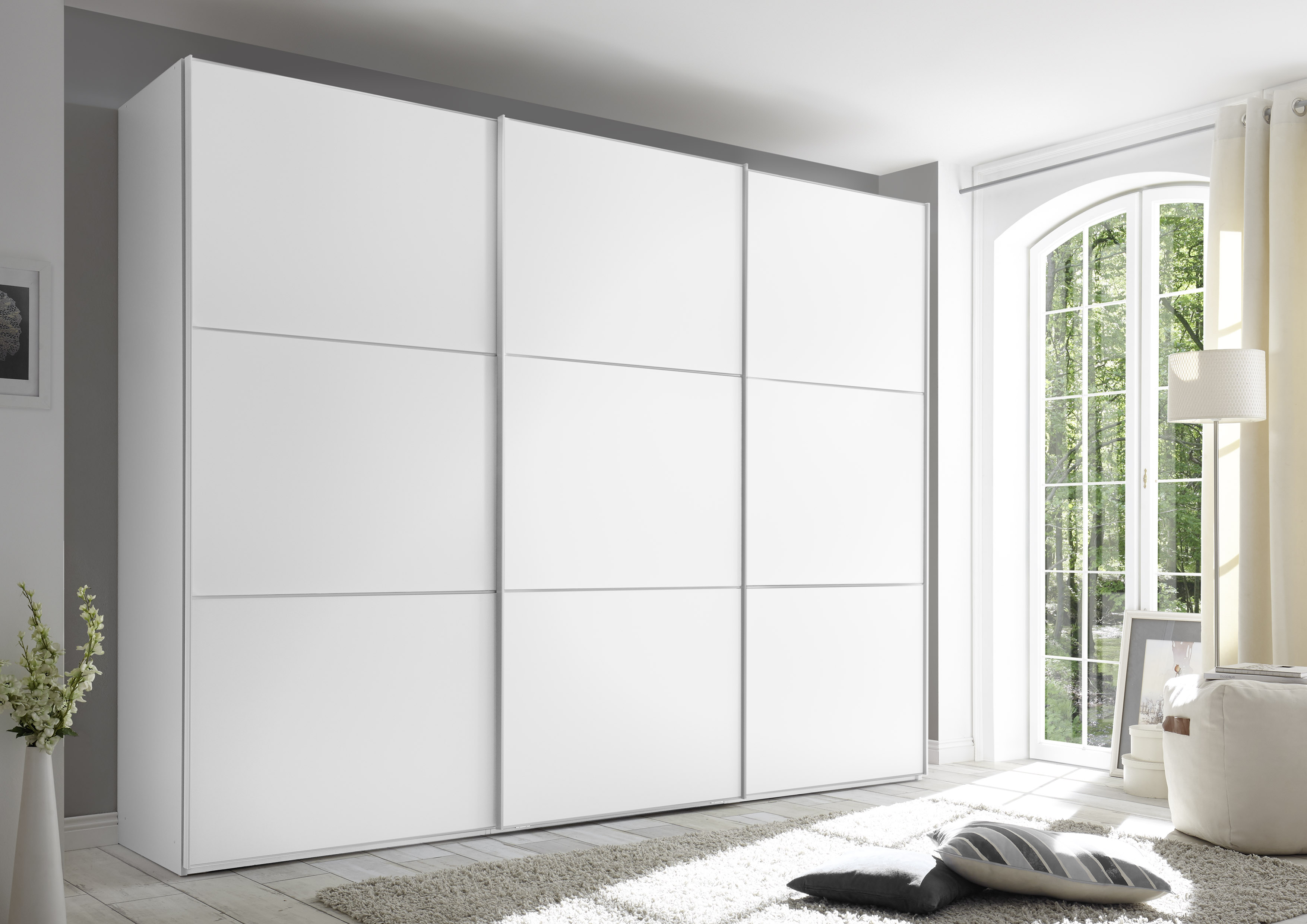 Schwebetürenschrank STAUD "Includo, kurze Lieferzeit: "Premium Variante in Weiß in 249cm Breite", weiß (dekor weiß), B:280cm H:222cm T:68cm, Holzwerkstoff, Schränke Image