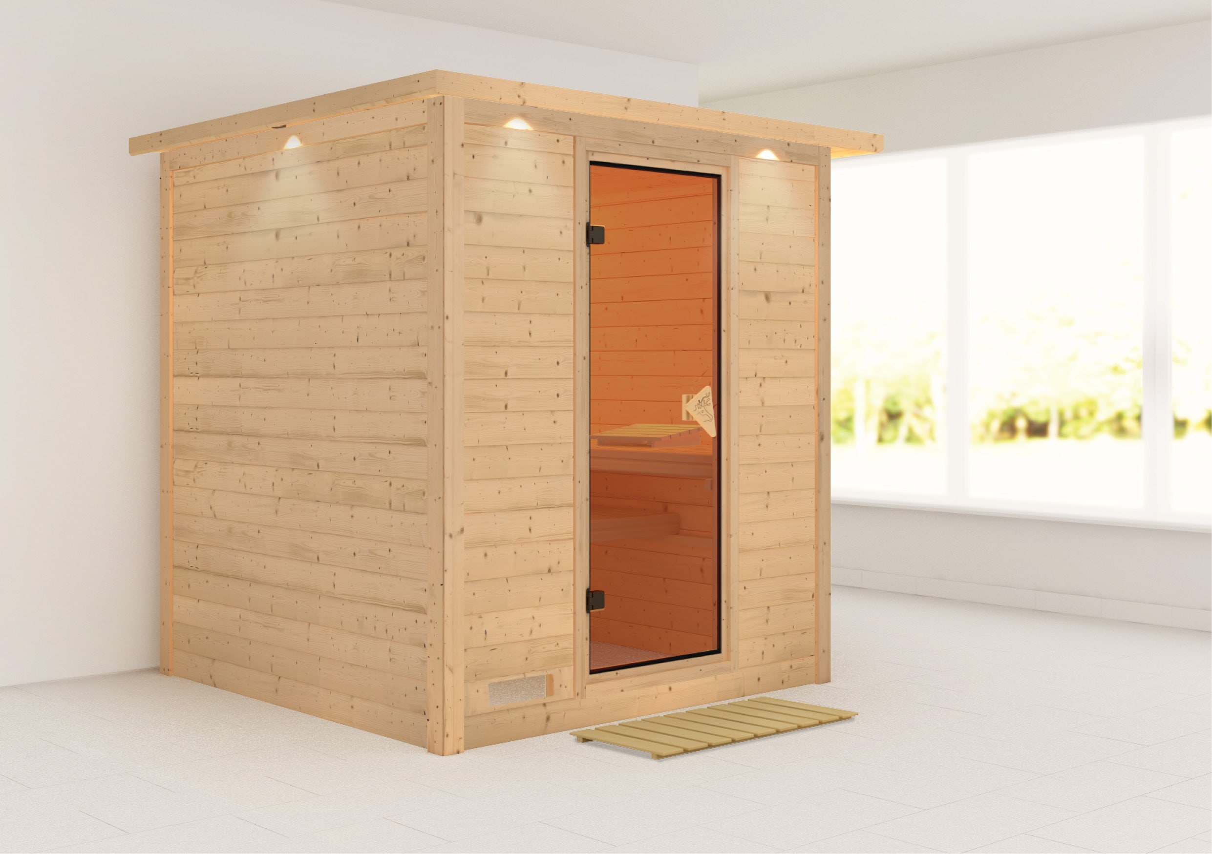 Sauna KARIBU "Menja", beige (naturbelassen), ohne Ofen, (ohne Ofen), Saunen, ohne Ofen Image