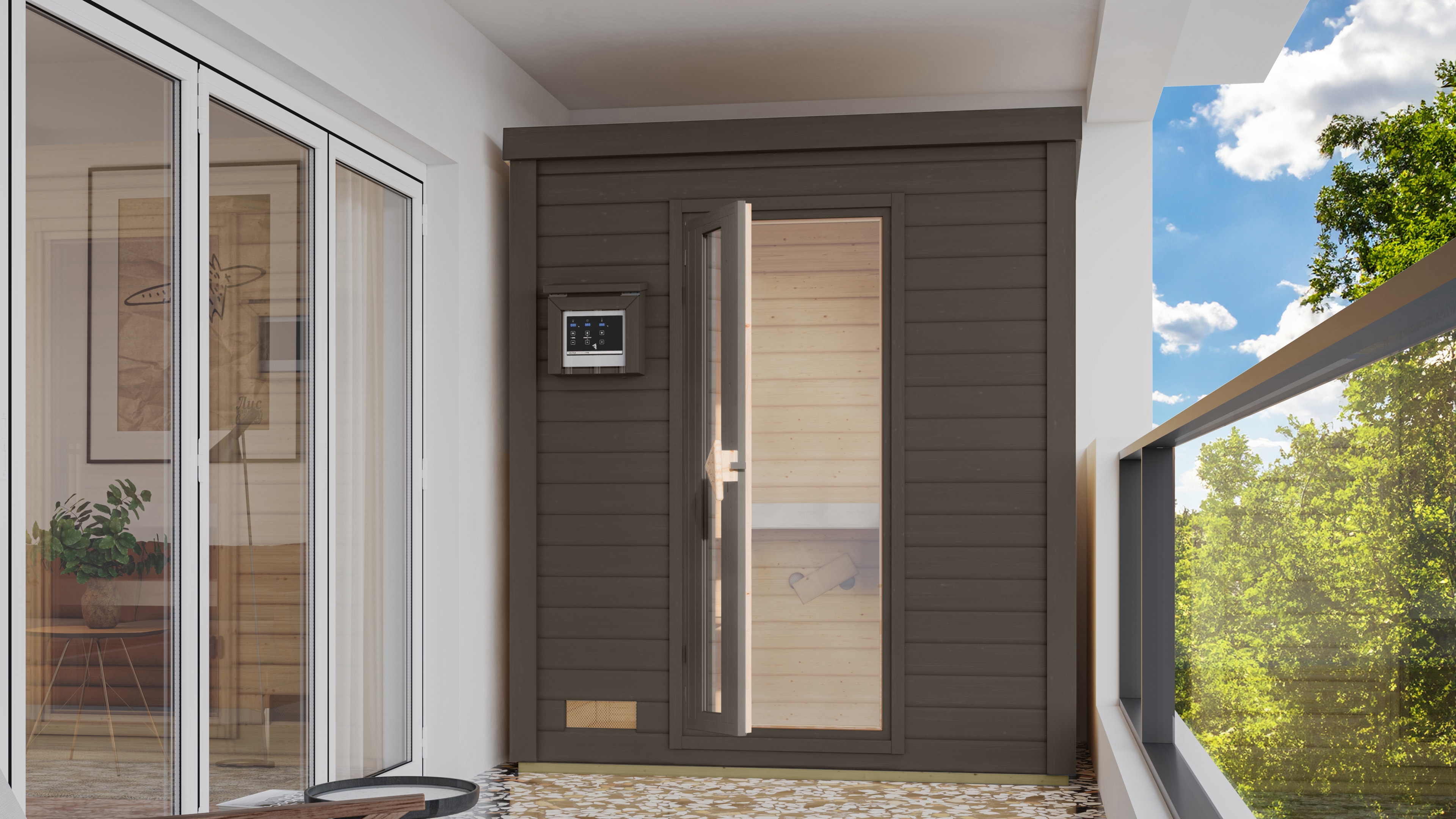 Saunahaus KARIBU "»Talo 0« mit Iso-Tür, terragrau", grau (terragrau), Bio-Kombiofen, externe Steuerung, (ohne Ofen), Saunen, Mit 9 kW Ofen und integrierter Steuerung