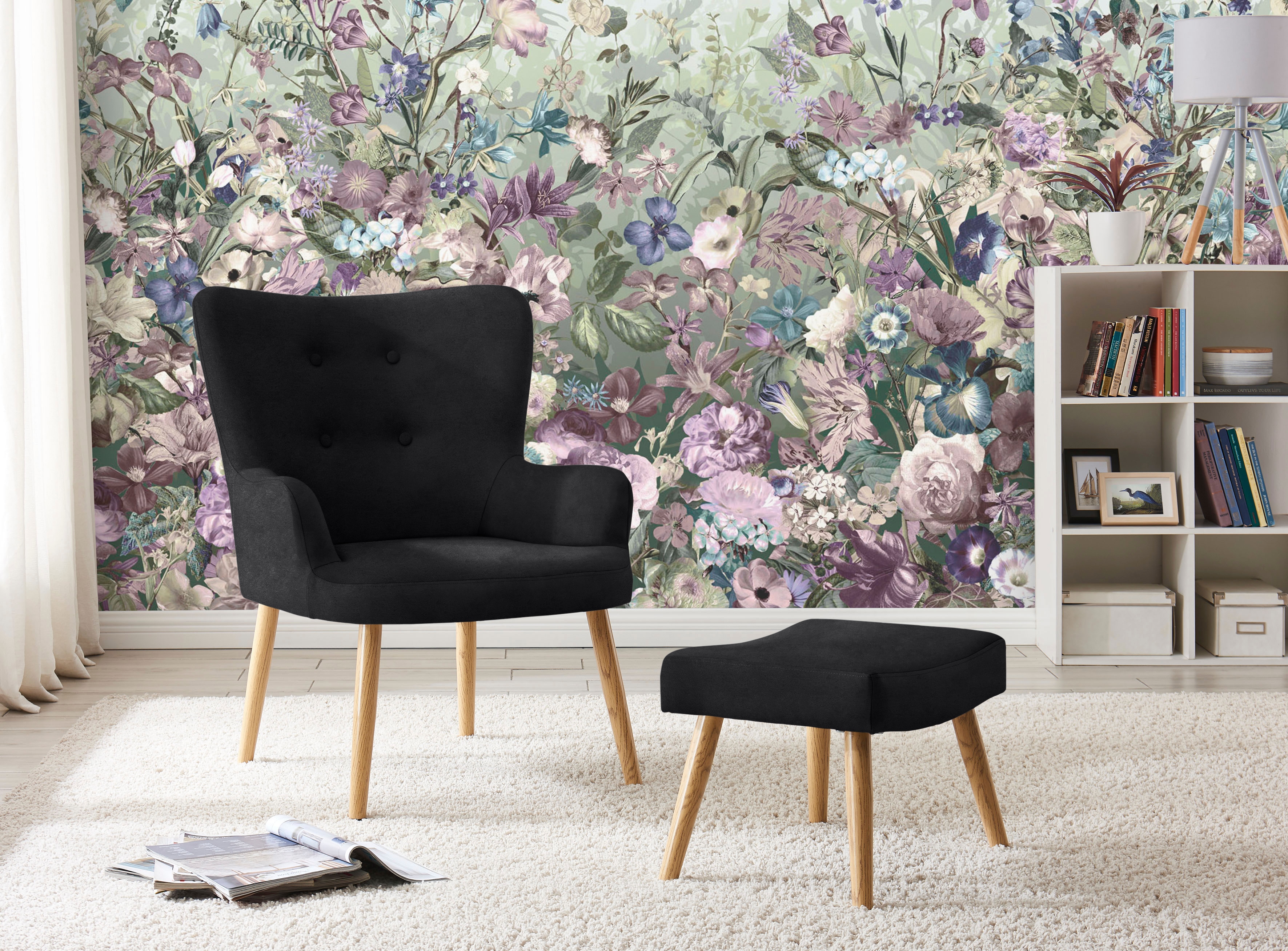 Sessel HOME AFFAIRE "Levent, Ohrensessel mit Hocker", schwarz, B:70cm H:85cm T:70cm, Luxus-Microfaser (100% Polyester);Luxus-Microfaser Teddyoptik (100% Polyester);Velvet (100% Polyester);Webstoff (100% Polyester), Sessel, Lesesessel Sessel mit...