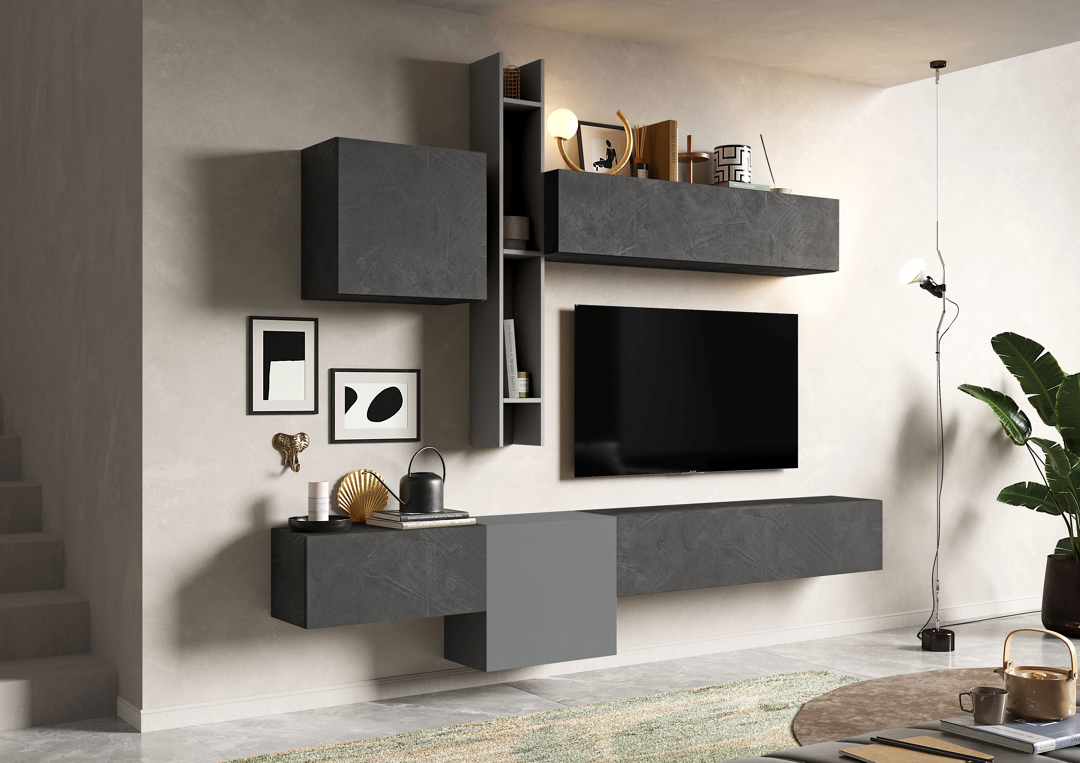 Wohnwand INOSIGN "Infinity, 6tlg. Breite 262 cm, Höhe variabel, Schrankwand, Anbauwand", grau (steingrau (ardesia), bleigrau (piombo)), B:262cm H:220cm T:30cm, Kastenmöbel-Sets, (Lowboard hängend, 2x Hängeschrank, 2x Hängewürfel, Wandregal)