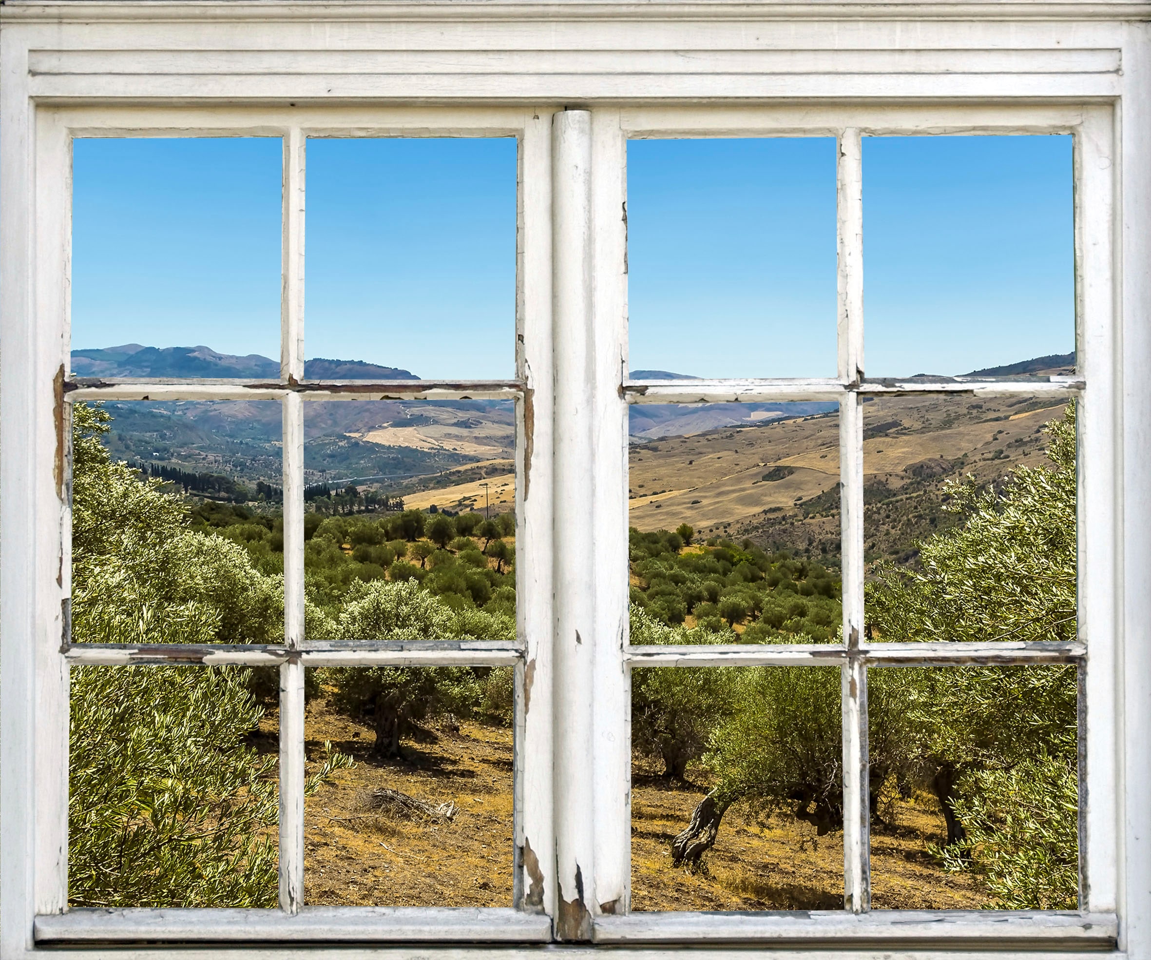 Wandsticker QUEENCE "Landschaft", grün, B:40cm H:60cm T:0,1cm, Wandtattoos, Wandsticker, Wandbild, selbstklebend, 3D, Fenster