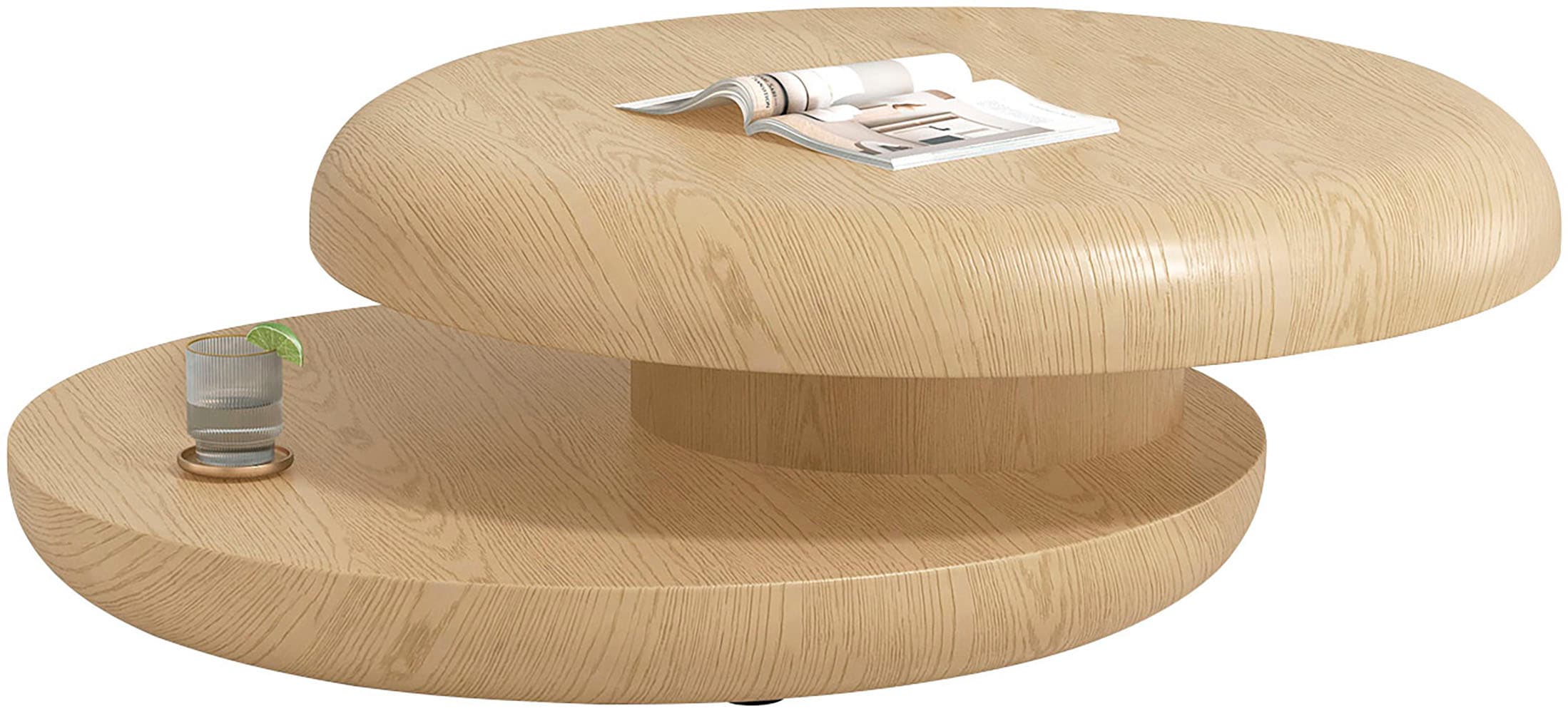 Couchtisch SALESFEVER "drehbar - runder Design-Wohnzimmertisch aus Holz", beige (natur), B:90cm H:35cm T:90cm, MDF mit Eichenholzfurnier, Tische, Couchtisch, Stilvoller & moderner Tisch mit Echtholzfurnier, Ø 90 cm