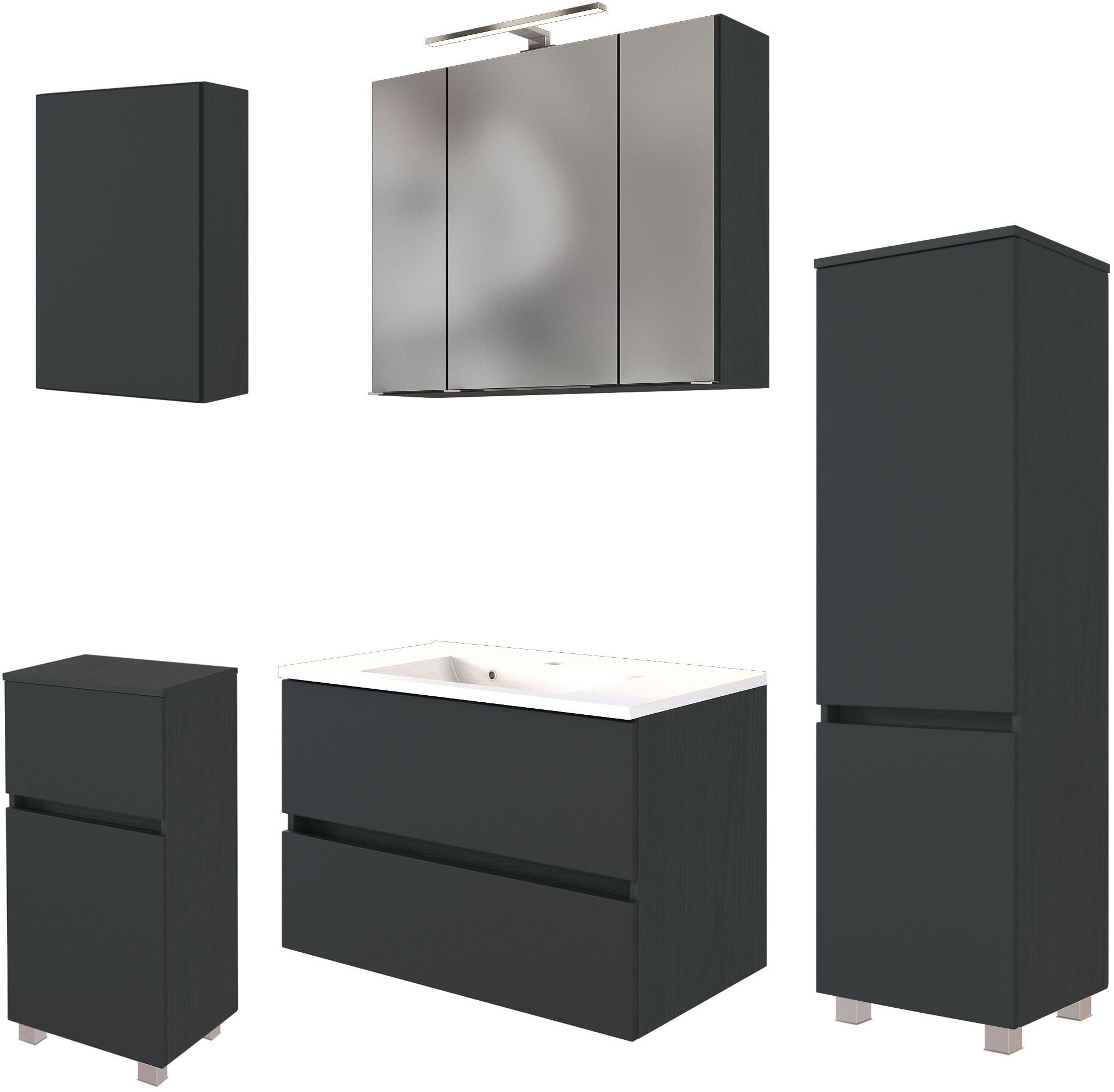 Badmöbel-Set WELLTIME "Welltime Möbel Baabe Waschtisch-Set 3tlg. oder 5tlg.", grau (matt grau), Set 10 5tlg.: Waschtisch 80cm breit, Spiegelschrank 80cm breit, Hängeschrank, Unterschrank, Midischrank, Holzwerkstoff, Kastenmöbel-Sets, Badmöbel-Set,...