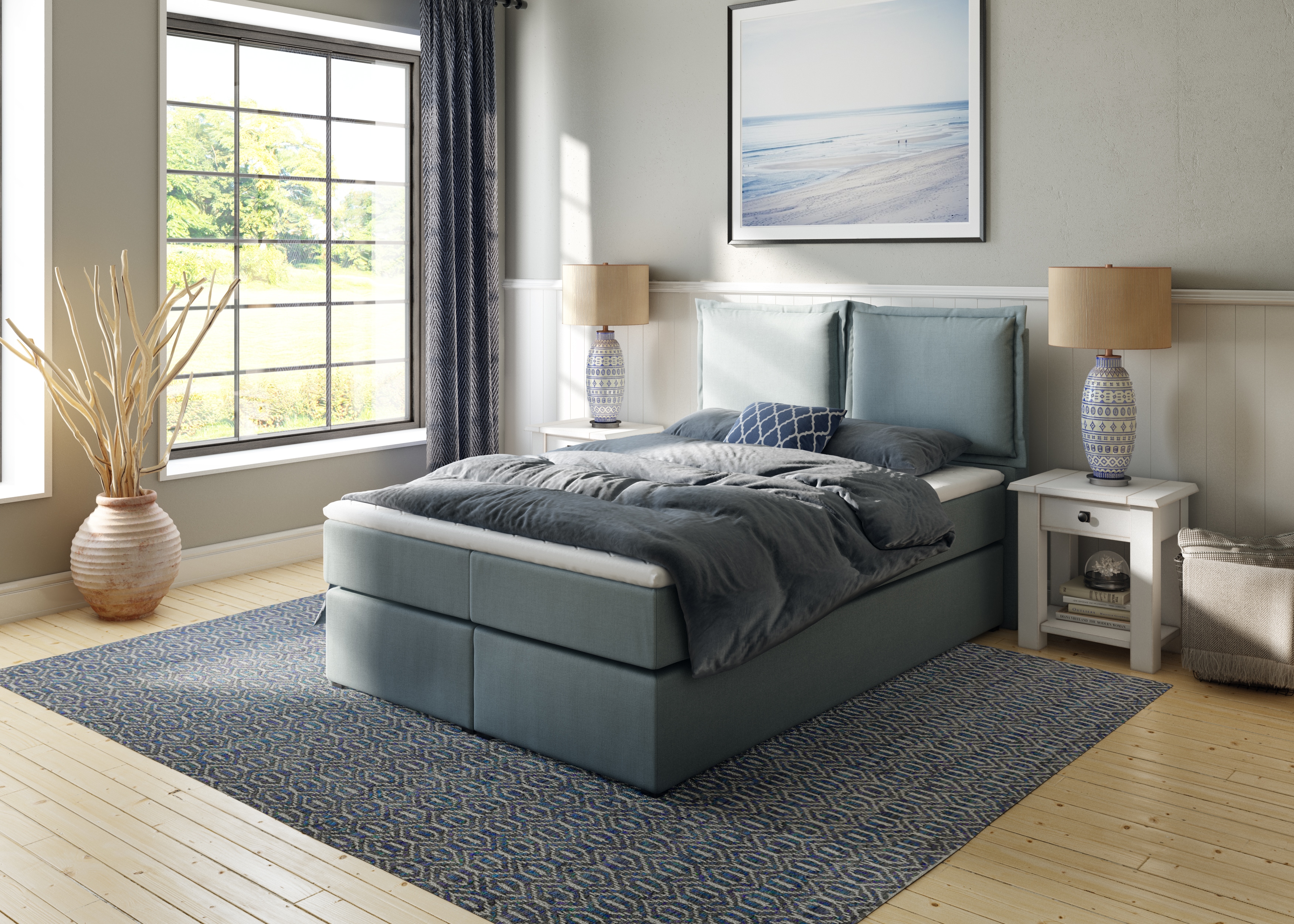 Boxspringbett HOME AFFAIRE "Lysann", blau (petrol), B:147cm L:215cm, Komplettbetten, Boxspringbett, 5fach verstellbares Kopfteil, in 4 Breiten, 3 Matratzenarten Image