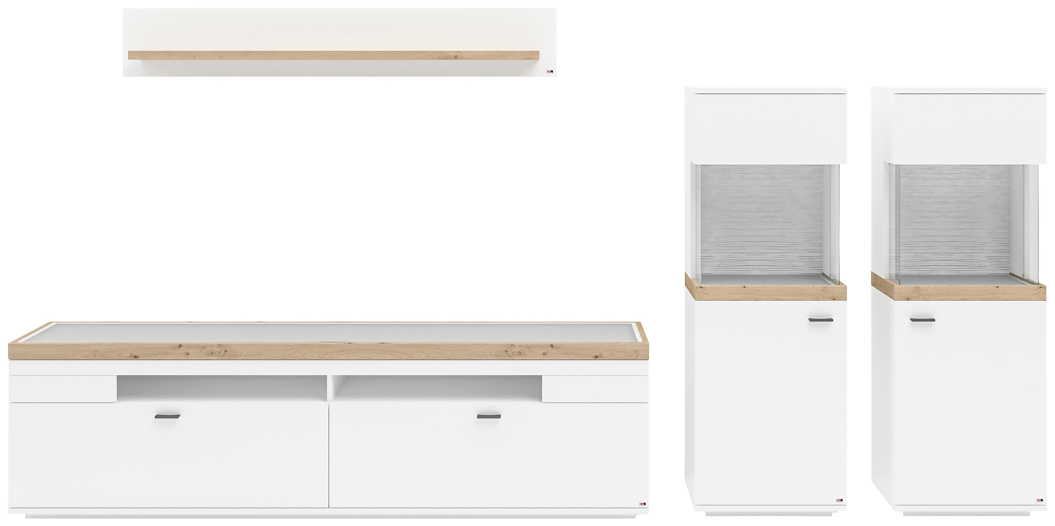 Wohnwand "Lancaster", weiß (weiß mit eiche artisan), B:330,2cm H:170cm T:43,6cm, SET ONE BY MUSTERRING, Kastenmöbel-Sets, 4-teilig mit Fronten in weiß oder grau, Breite ca.330cm