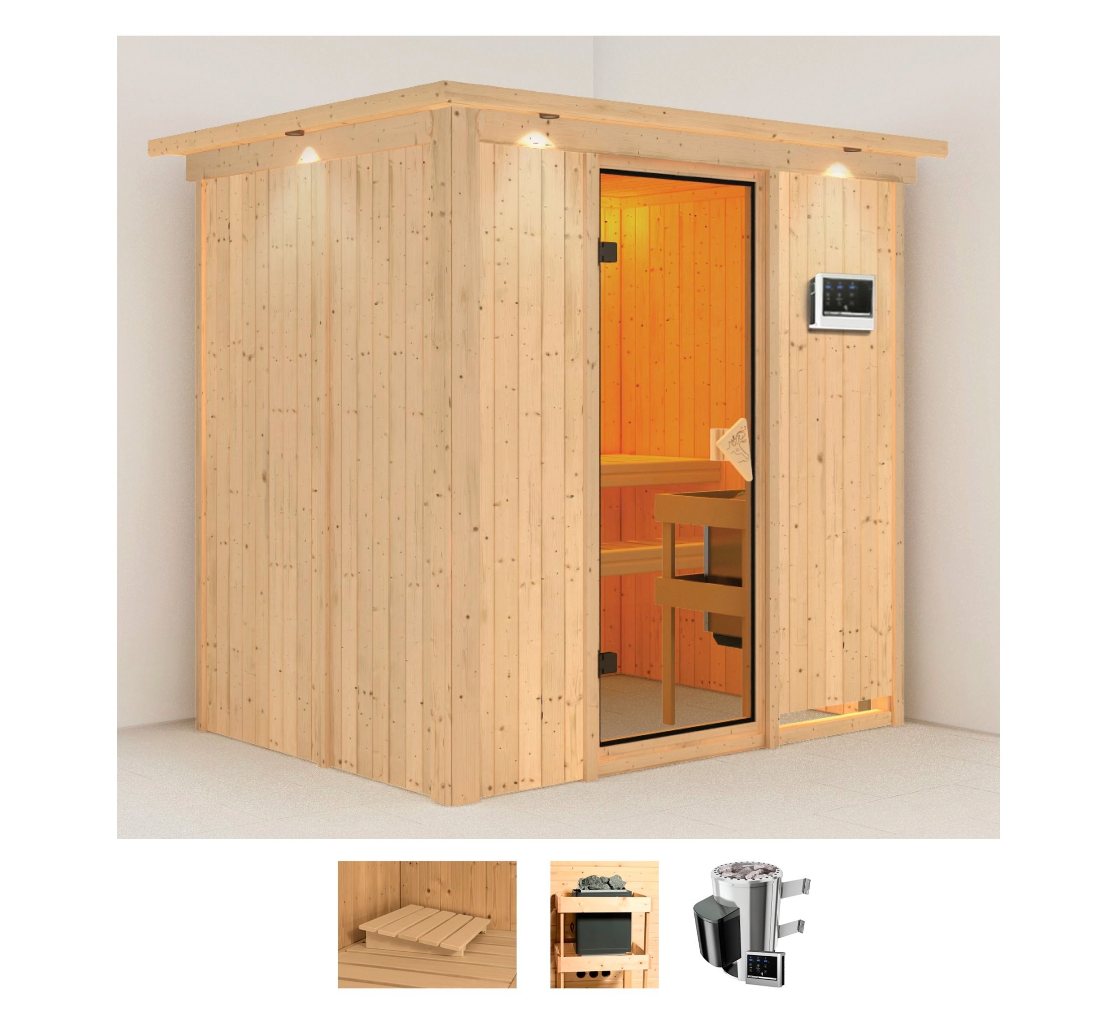 Sauna KARIBU "Finja", beige (naturbelassen), Saunaofen, externe Steuerung, 3,6 kW, Saunen, 3,6-kW-Plug & Play Ofen mit externer Steuerung Image