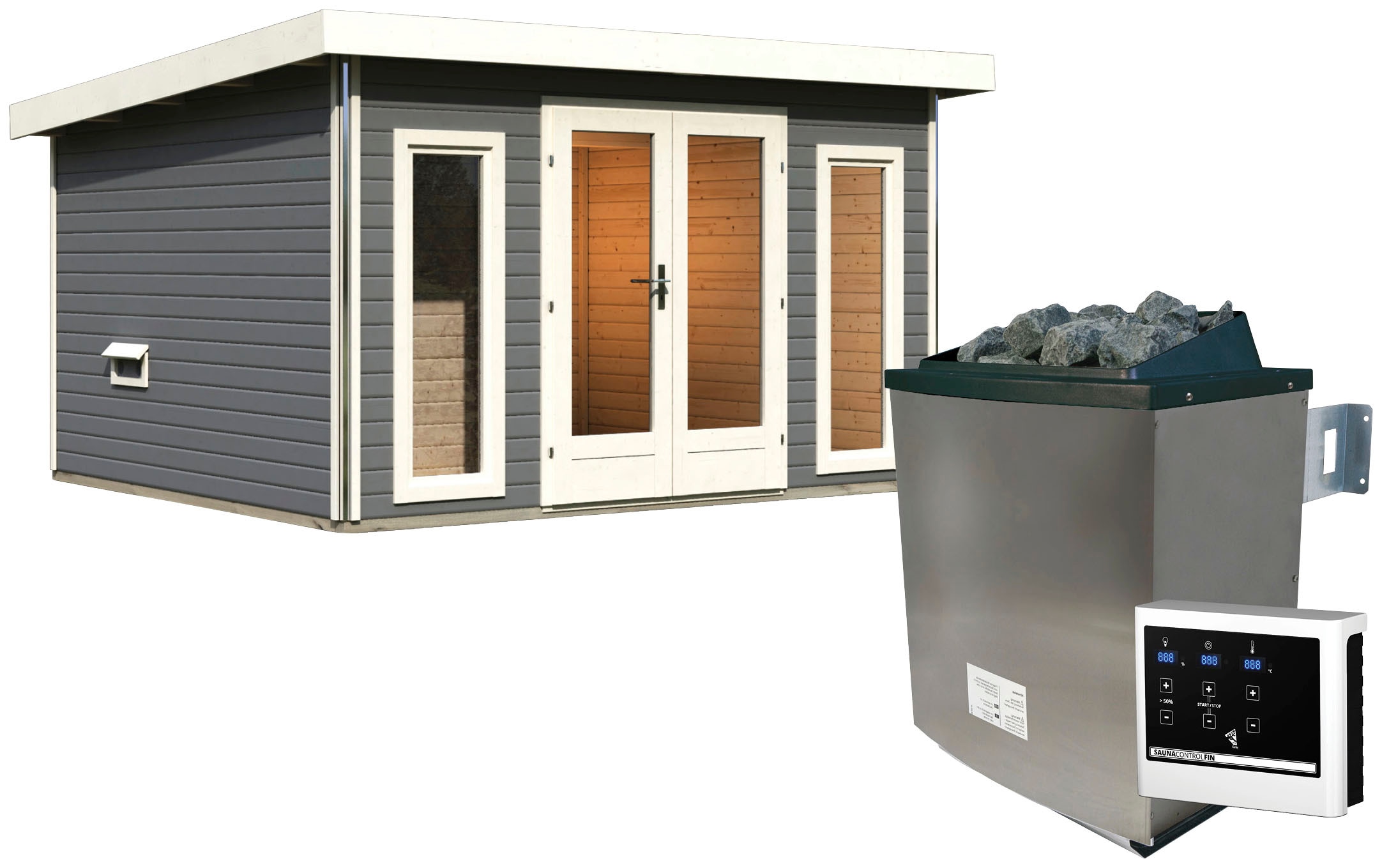 Saunahaus KARIBU "Maiko 2B", beige (naturbelassen), Saunaofen, externe Steuerung, 9 kW, Saunen, Ofen 9 KW externe Strg easy