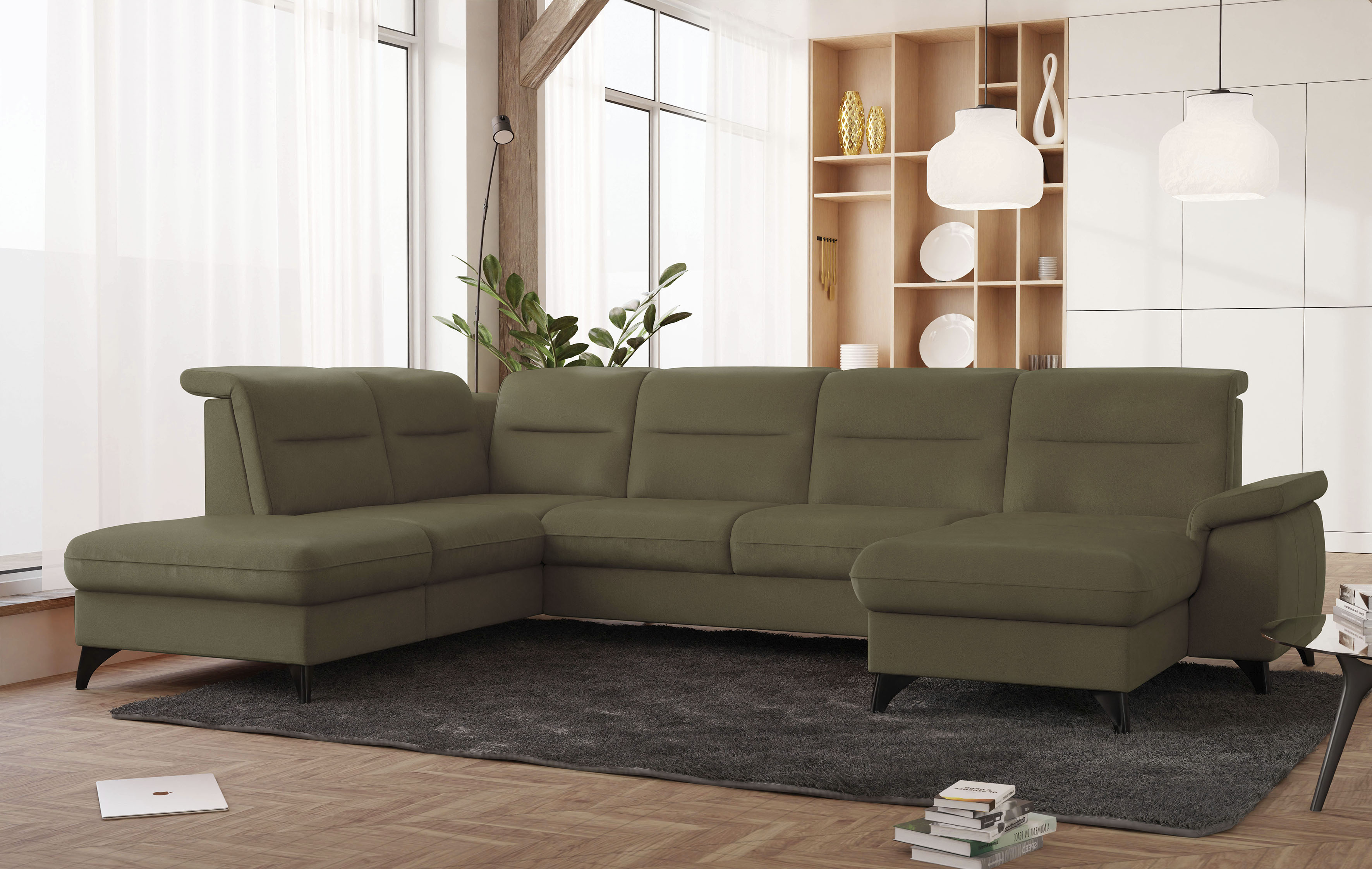 Wohnlandschaft SIT & MORE "Astoria U-Form", grün (olive), B:329cm H:91cm T:225cm, 100% Polyester, Sofas, wahlweise mit motorischer Relaxfunktion