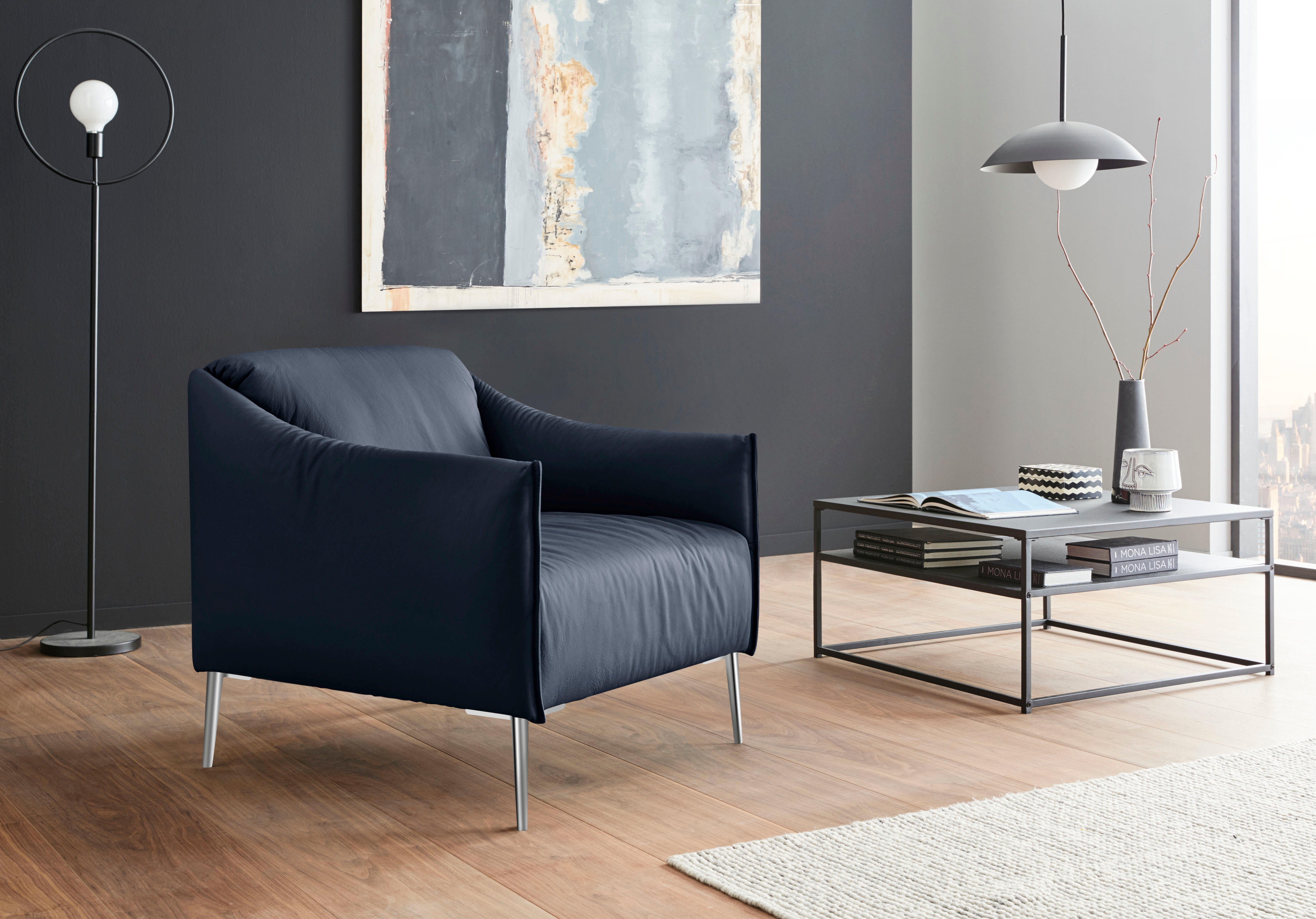 Cocktailsessel W.SCHILLIG "sally", blau (blau z59), B:84cm H:78cm T:84cm, Longlife Xtra-Leder Z59: Glattleder mit modischer Prägung. Hautstärke 0, 9 - 1, 1 mm., Sessel, Cocktailsessel, mit Metallfüßen in Chrom glänzend