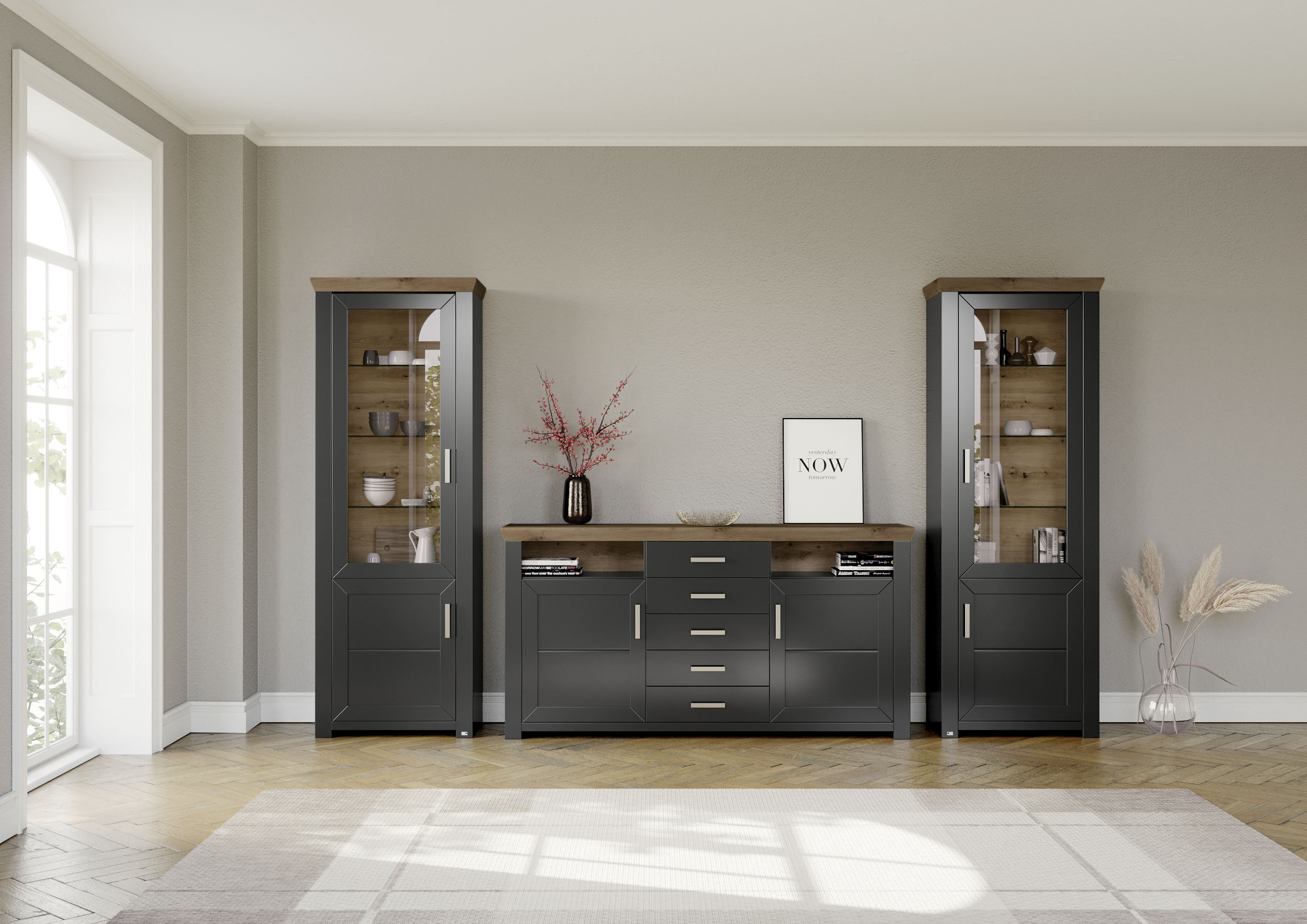 Wohnwand "York", grau (grau, eiche), B:354cm H:207cm T:51cm, MDF, SET ONE BY MUSTERRING, Kastenmöbel-Sets, Kombination 05, in 3 Farbvarianten, Gesamtbreite 354 cm