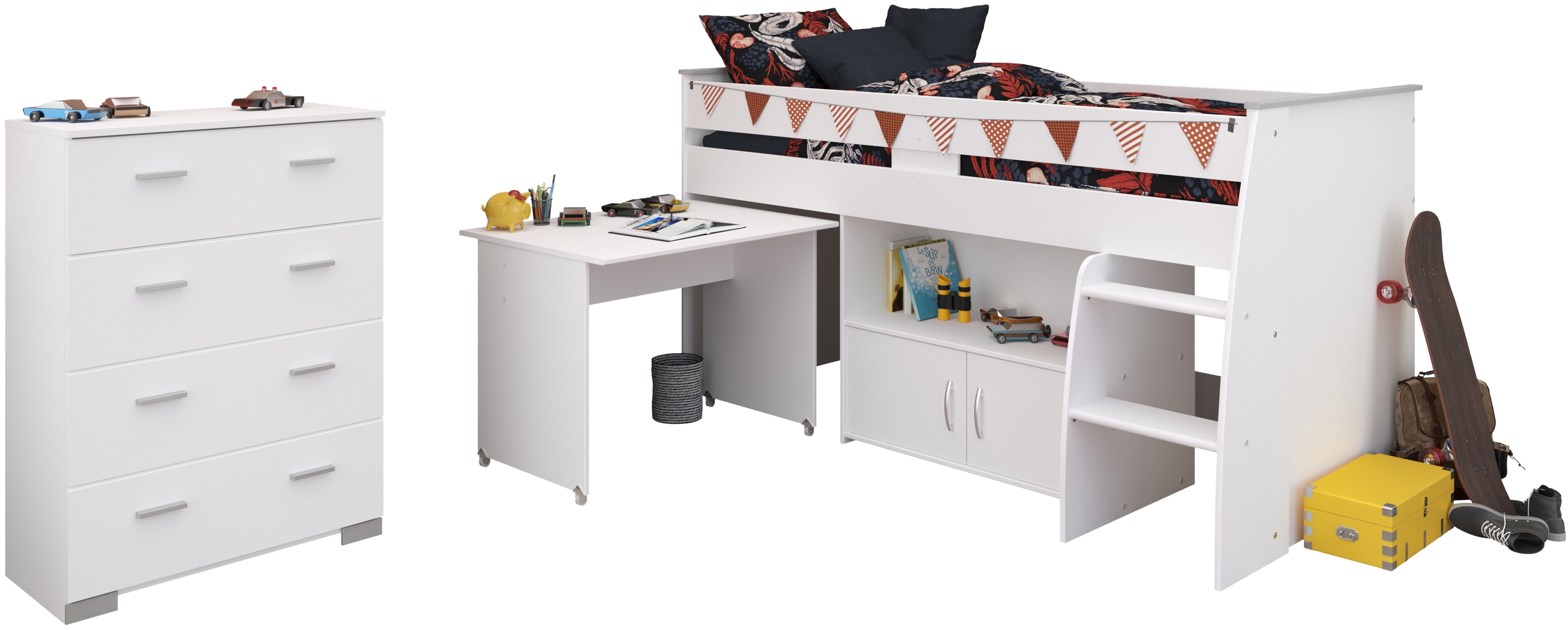 Jugendzimmer-Set PARISOT "Parisot Kinderzimmer Reverse 13", weiß, B/H: 90cm x 200cm, Schlafzimmermöbel-Sets, integrierte Schreibtisch, kommode und integrierte Leiter Image