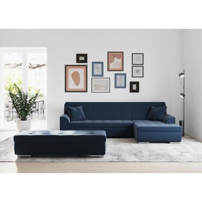 Ecksofa DOMO COLLECTION "Treviso viele Bezüge, auch in Cord, L-Form, B/T/H: 267/80/83 cm", blau (dunkelblau), B:267cm H:83cm T:178cm, 100% Polyester, Sofas, wahlweise mit Bettfunktion, incl. Zierkissen, hochwertige Steppung, Topseller Image