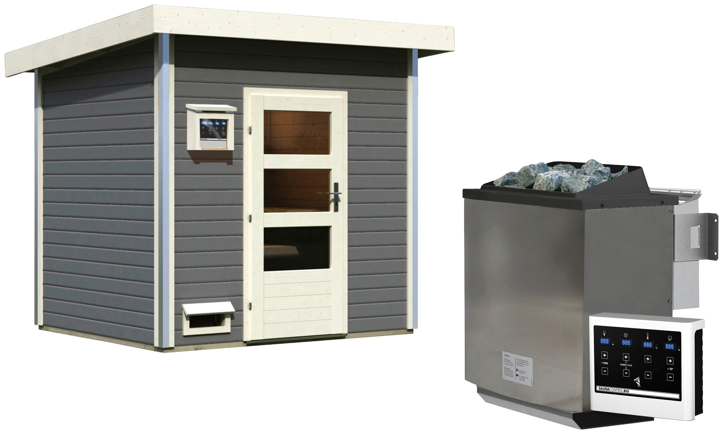 Saunahaus KARIBU "Ralf", grau (terragrau), Bio-Ofen, externe Steuerung, 9 kW, Saunen, moderne Tür, Ofen 9 kW Bio ext. Strg. Image
