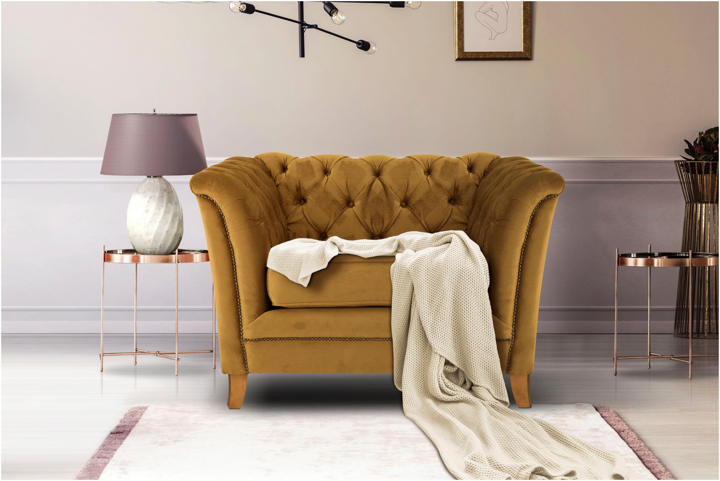 Sessel HOME AFFAIRE "Newport modernes Chesterfield", gold (goldfarben), B:102cm H:76cm T:81cm, Luxus-Microfaser Vintageoptik (100% Polyester);Struktur fein (100% Polyester);Samtoptik (100% Polyester), Sessel, Sessel, mit Knopfheftung im Rücken,...