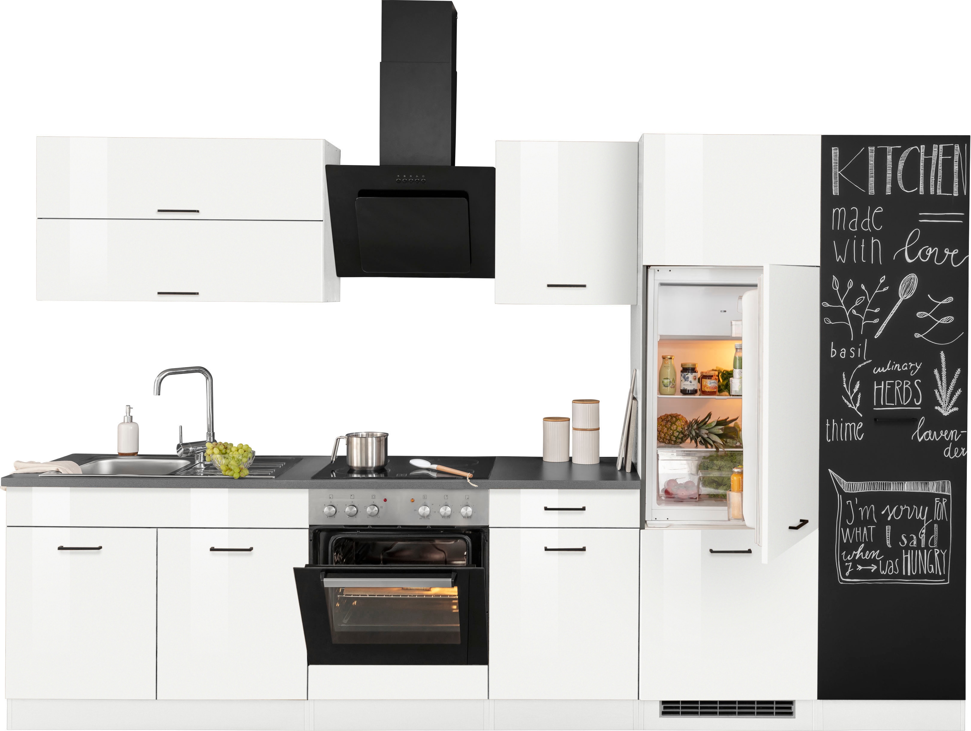 Küchenzeile KOCHSTATION "KS-Trier", weiß (küche: weiß, korpus: weiß, arbeitsplatte: anthrazit), B:320cm T:60cm, Komplettküchen-Sets, Küchenzeile, ohne E-Geräte, Breite 320 cm Image