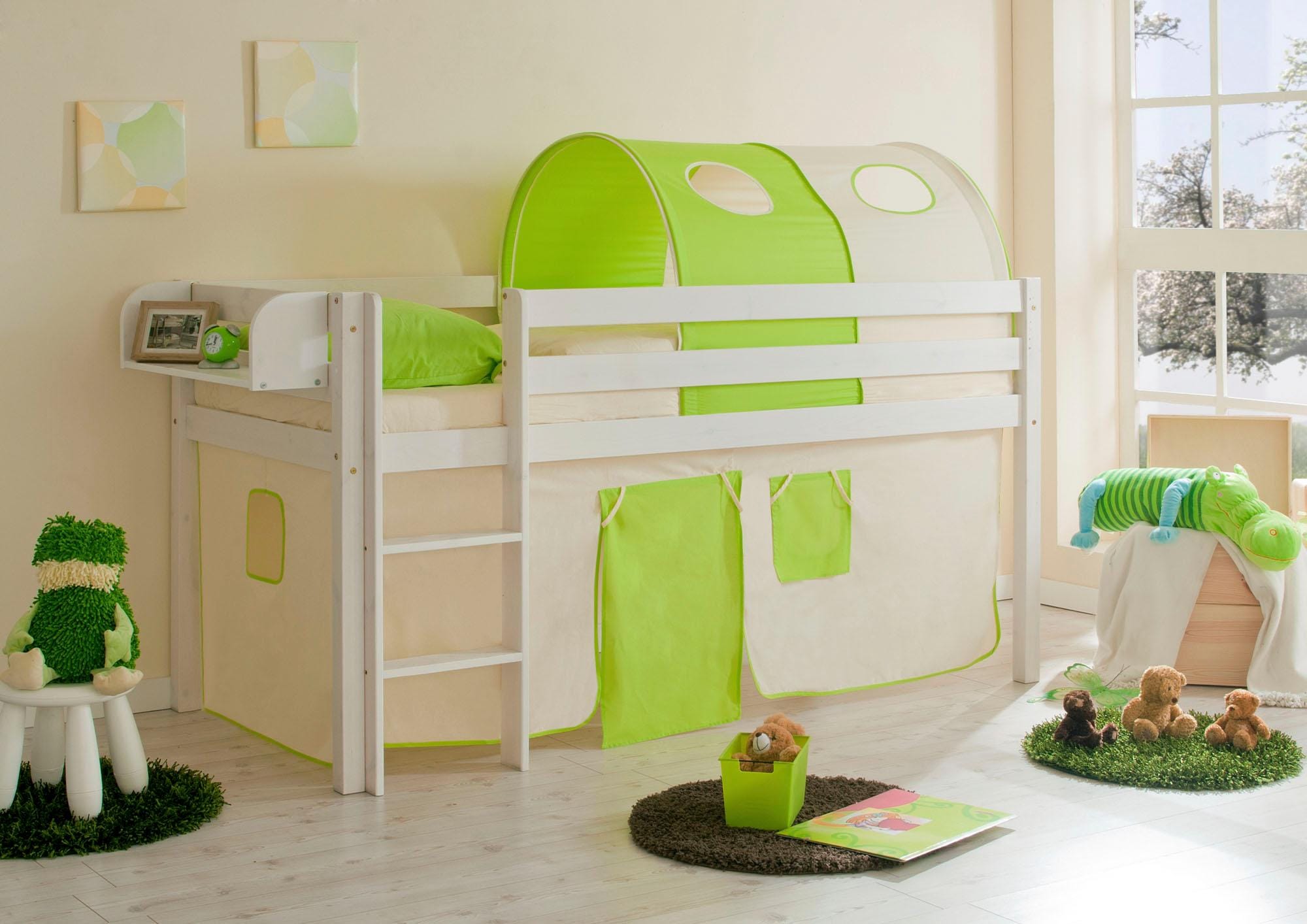 Hochbett TICAA "Malte", beige (kiefer massiv weiß, beige, grün), B:101cm H:114cm L:205cm, Hochbetten, Hochbett, mit Rollrost und in verschiedenen Ausführungen wahlweise mit Matratze