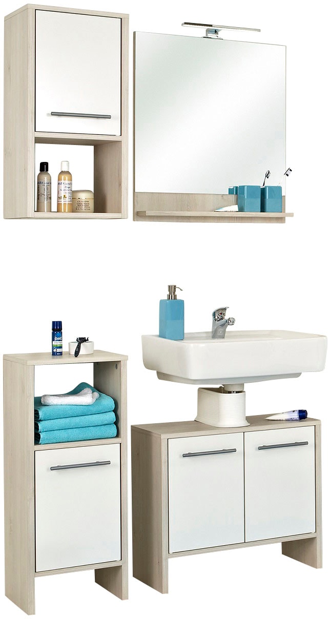 Badmöbel-Set SAPHIR "Quickset 350 4-teilig, mit Waschbeckenunterschrank und LED-Spiegel", beige (pinie ida hell, weiß glanz), B:95cm H:200cm T:28cm, Holzwerkstoff, Kastenmöbel-Sets, Pinie Ida hell Nachbildung, mit 4 Türen, 2 Nischen, ohne Waschbecken