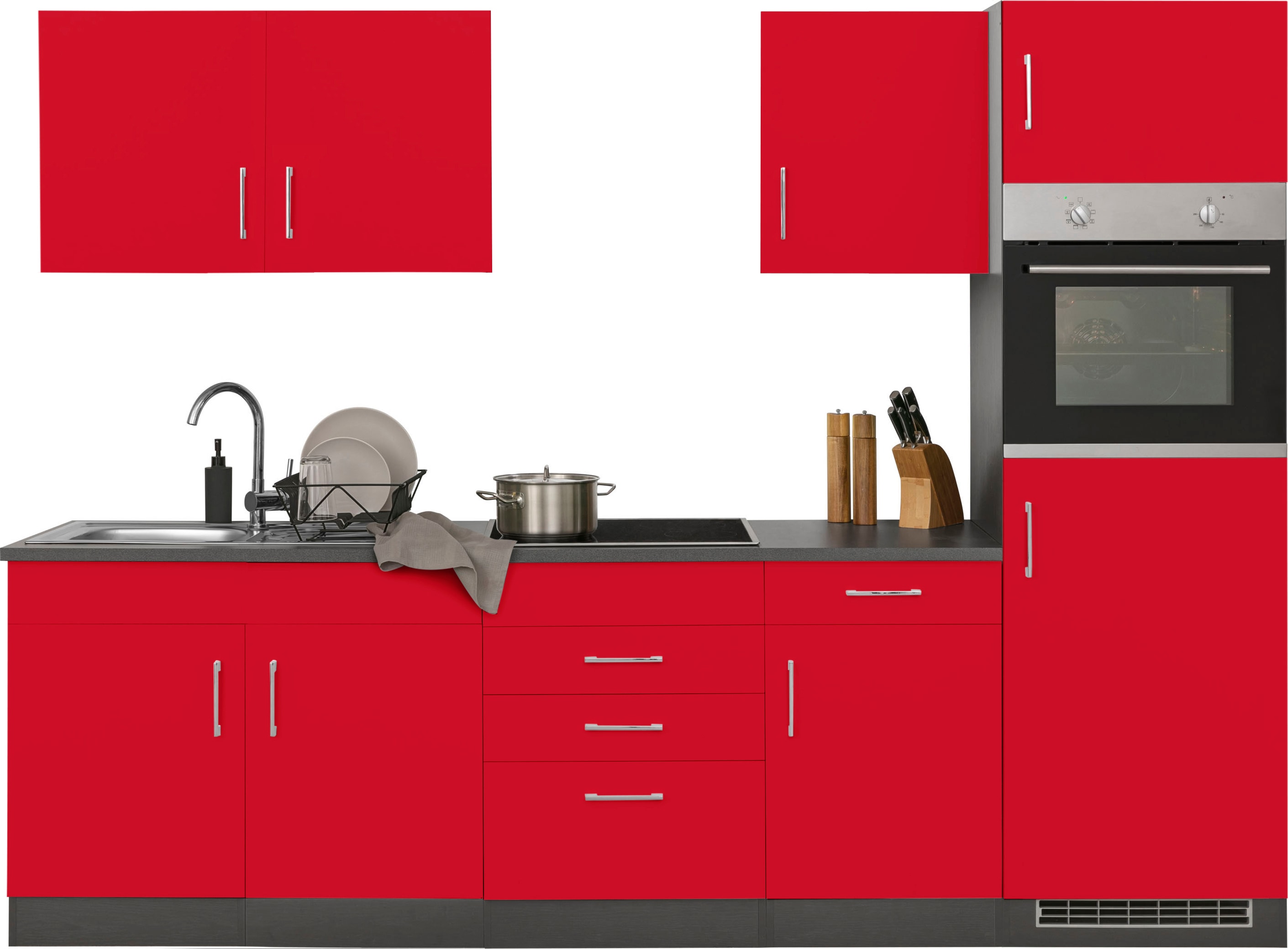 Küchenzeile KOCHSTATION "KS-Paris", rot (küche: rot, korpus: grafit, arbeitsplatte: anthrazit), B:270cm T:60cm, Komplettküchen-Sets, ohne E-Geräte, Breite 270 cm Image