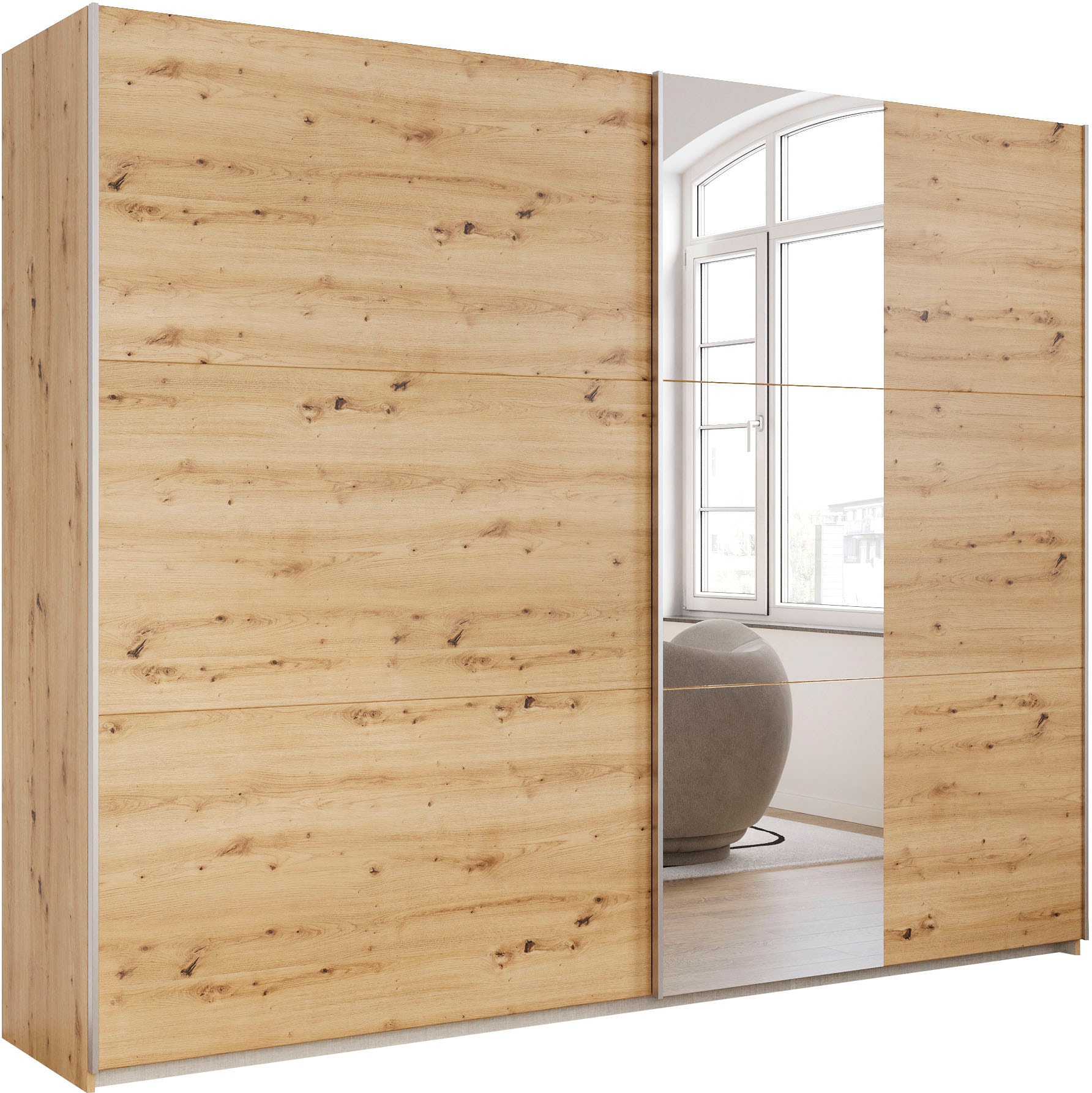Schwebetürenschrank RAUCH "Kleiderschrank Drehtürenschrank Schrank Garderobe KRONACH TOPSELLER", braun (eiche artisan, griffleisten alu, 1 spiegel), B:261cm H:210cm T:59cm, Holzwerkstoff, Schränke, Schwebetürenschrank, mit Spiegel und viel Stauraum,...
