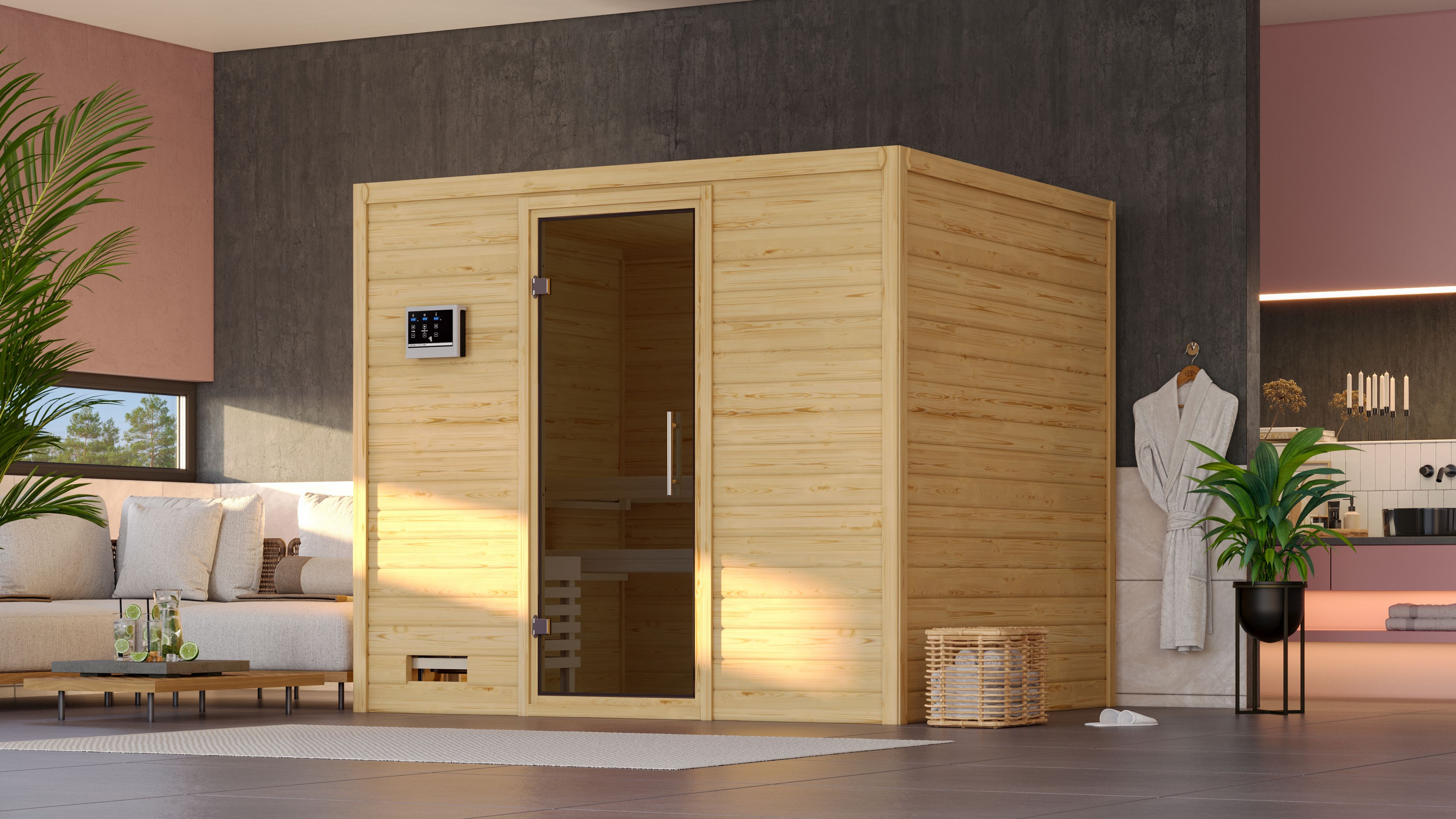 Sauna KARIBU "Soraja", beige (naturbelassen), Bio-Kombiofen, externe Steuerung, 9 kW, Saunen, 9-kW-Bio-Ofen mit externer Steuerung Image