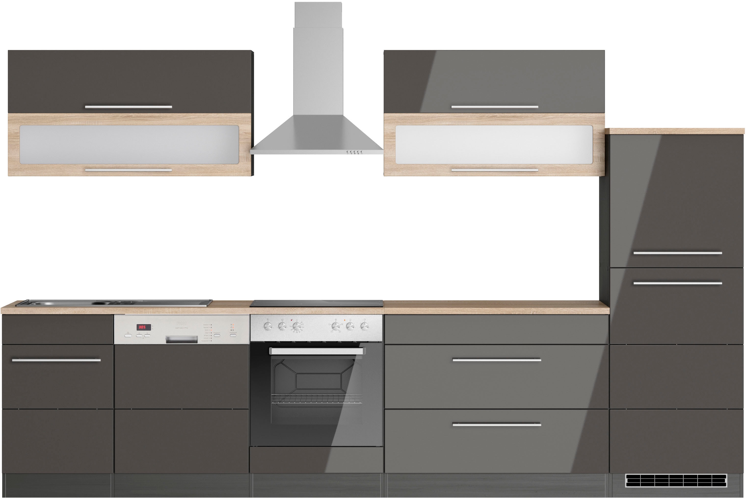 Küchenzeile KOCHSTATION "KS-Wien", küche: grau, front: hochglanz grau, korpus: grafit, arbeitsplatte: eiche sonoma, B:330cm H:200cm T:60cm, Komplettküchen-Sets, Breite 330 cm, wahlweise mit E-Geräten Image