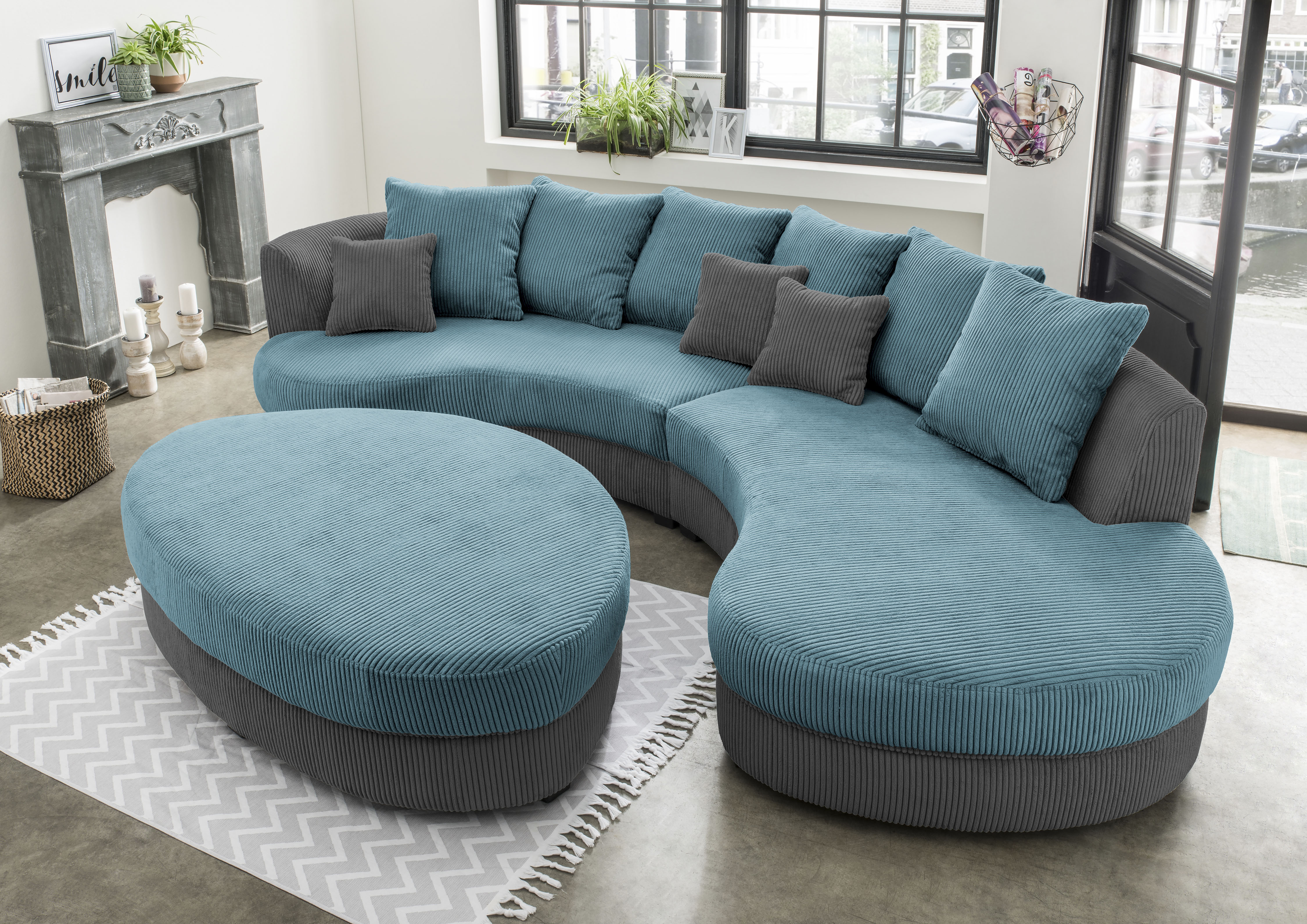 Ecksofa HOME AFFAIRE "Limoncello organische Formensprache, OTTOs Choice, L-Form", grau (grau, petrol), B:287cm H:76cm T:160cm, 100% Polyester, Sofas, Ecksofa, ergonomische Form