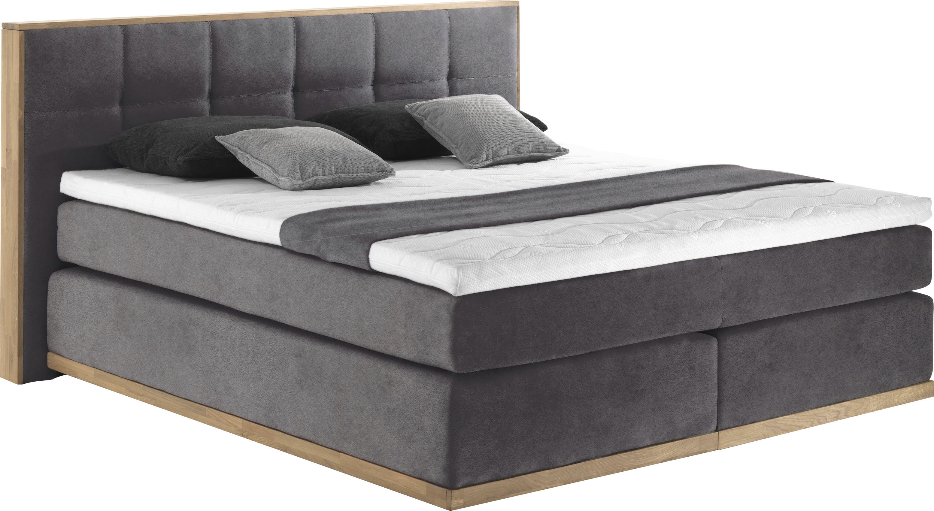 Boxspringbett PLACES OF STYLE "Vinton", grau (charcoal), B:180cm L:213cm, Komplettbetten, Boxspringbett, aus massiver Eiche, verschiedene Härtegrade (auch H4) Image