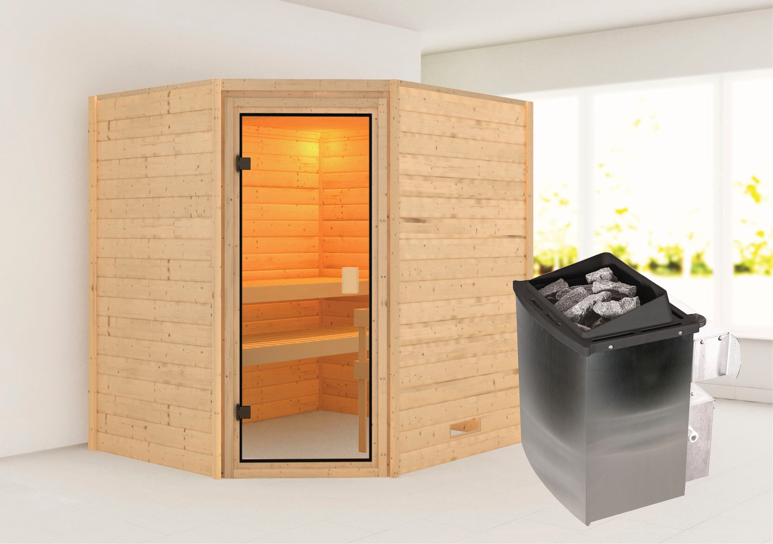 Sauna KARIBU "Mia (Fronteinstieg)", beige (naturbelassen), (ohne Ofen), Saunen, inklusive Ofenschutzgitter und Tür Image