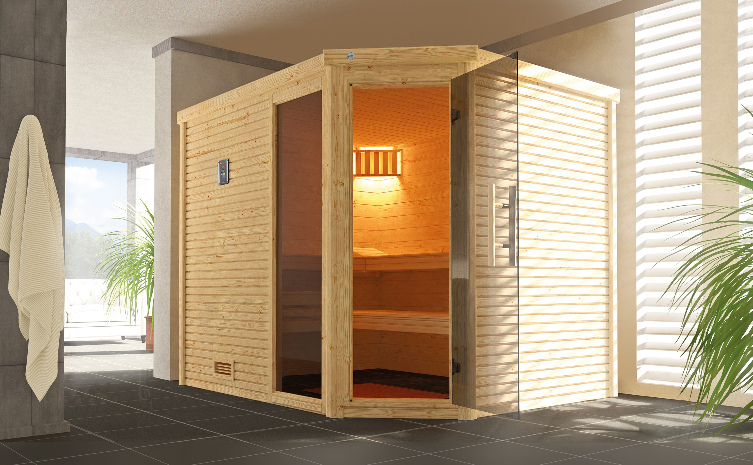 Sauna WEKA "Design-Sauna CUBILIS 3", beige (natur), Saunaofen, integrierte Steuerung, 9 kW, Saunen, Blockbohlen im wekaLine-Profil