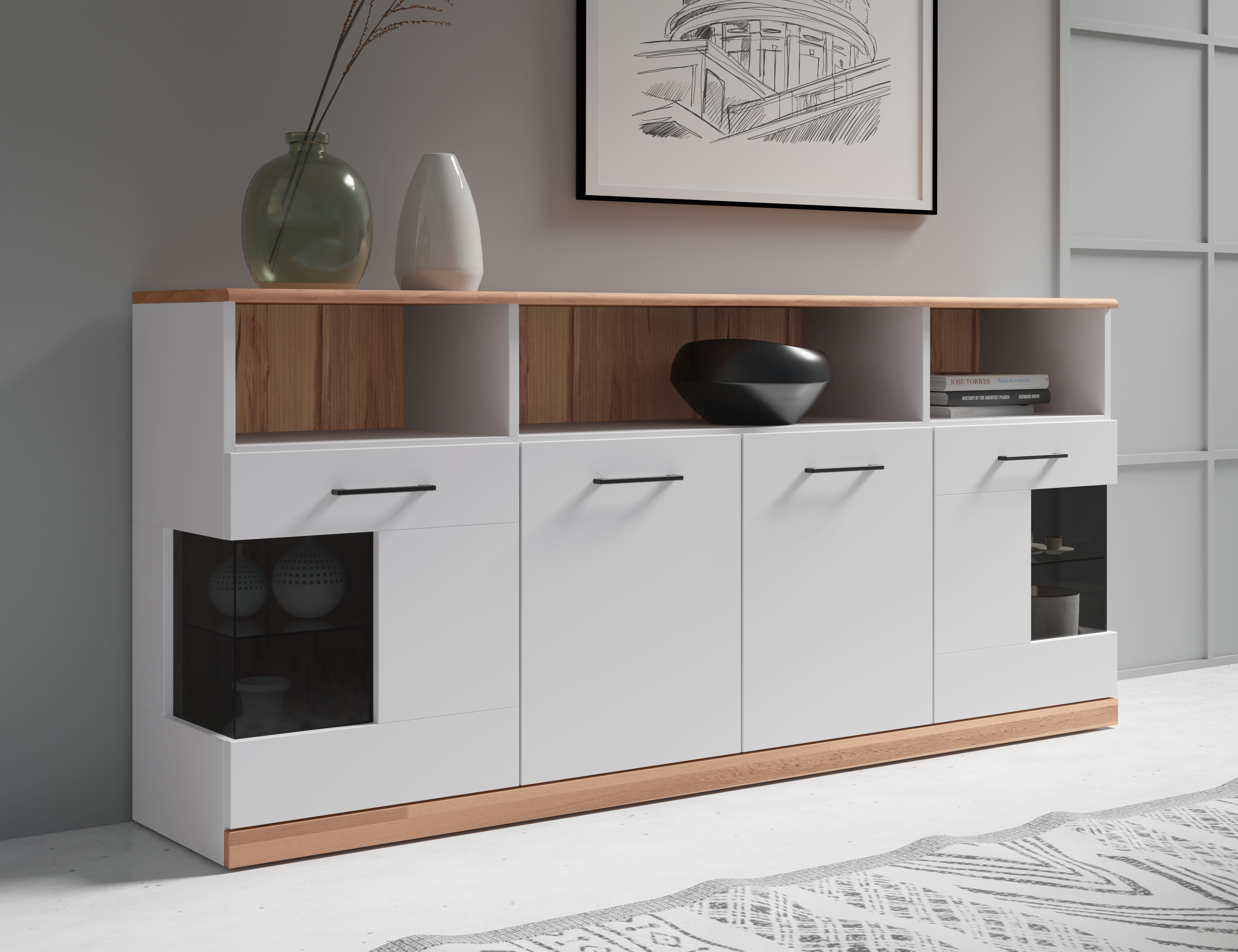 Sideboard HOME AFFAIRE "RIBE20 Fronten massiv,Korpus Melamin, 2 Türen mit Glaseinsatz", weiß (weiß, kernbuche), B:180cm H:80cm T:35cm, FSC-zertifizierter Holzwerkstoff, Massivholz, Sideboards, Sideboard, Oberplatte Massivholz,schwarze Metall...