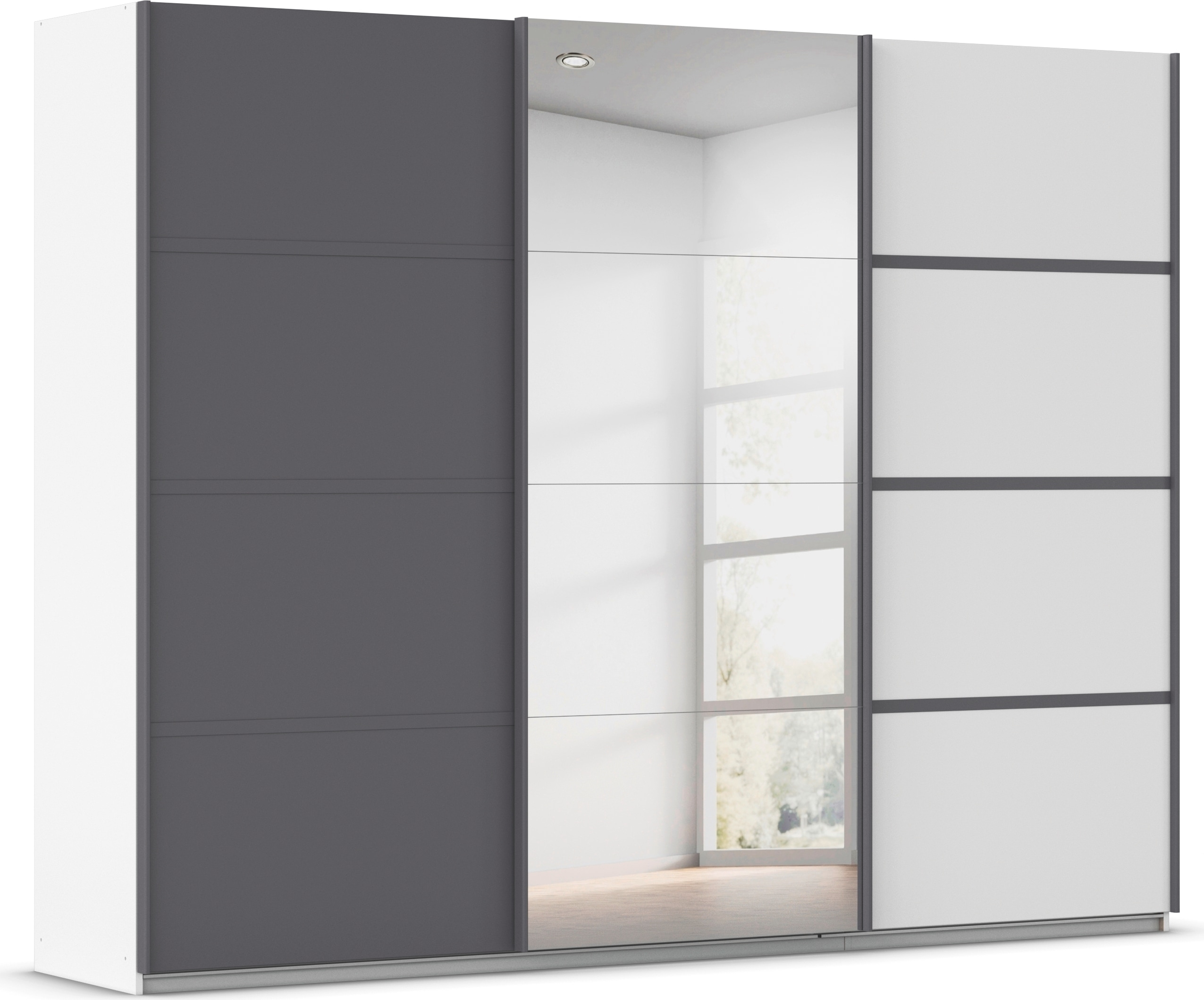 Kleiderschrank RAUCH "Schwebetürenschrank OTTO´s Choice Garderobe Schrank TOP ANGEBOT Avola", alpinweiß, graumetallic, leisten graumetallic, B:271cm H:210cm T:62cm, Holzwerkstoff, Schränke, mit eleganten Zierleisten in Chrom, Schwarz oder Weiß MADE... Image