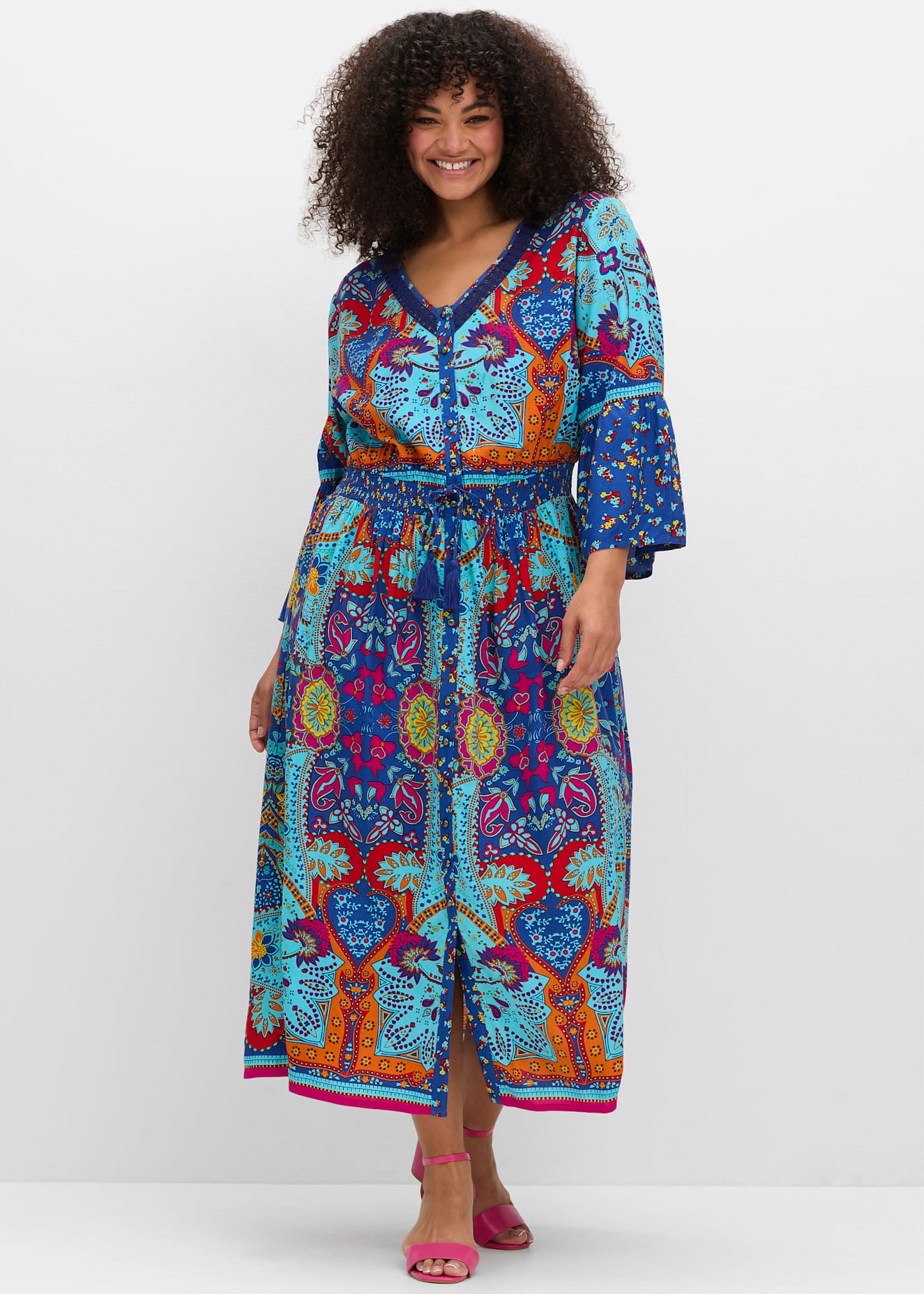 Druckkleid SHEEGO BY JOE BROWNS "Kleid", Damen, Gr. 56, Normalgrößen, blau (blau gemustert), 100% Viskose, bedruckt, gemustert, lang, V-Ausschnitt, Kleider Image