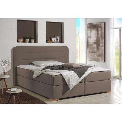 Boxspringbett HOME AFFAIRE "Manchester", beige (dunkelbeige), B:200cm L:208cm, Strukturstoff-Bezug (100% Polyester), Komplettbetten, Boxspringbett, 5 Breiten, 3 Ausführungen, 2 Härtegraden, Topper, Steppung Image