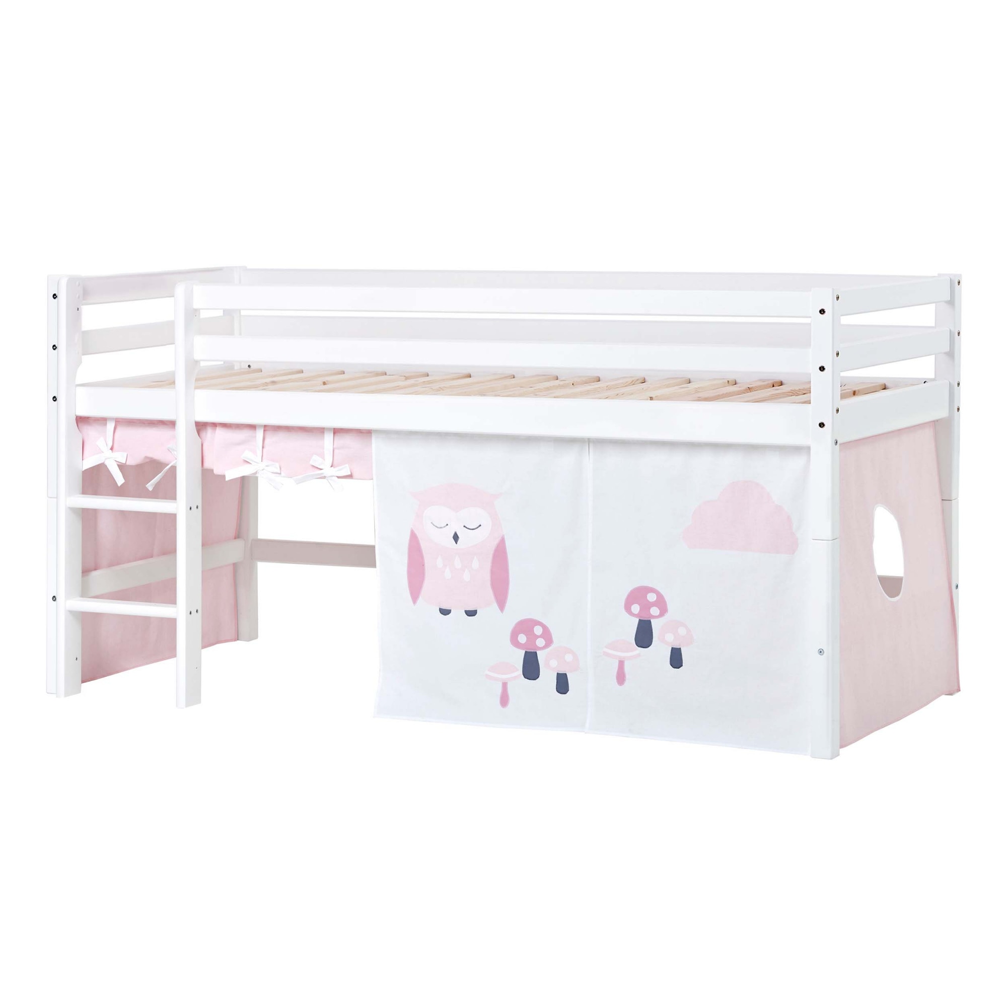 Hochbett HOPPEKIDS "ECO Dream, Kinderbett, Spielbett, Halbhohes Bett aus Massivholz", rosa (weiß, eule rot), B:101cm H:105cm L:208cm, Kinderbett: 100% Massivholz: Nordische Kiefer, Vorhang: 100% Baumwolle, Hochbetten, Hochbett Kinderbett, inkl....
