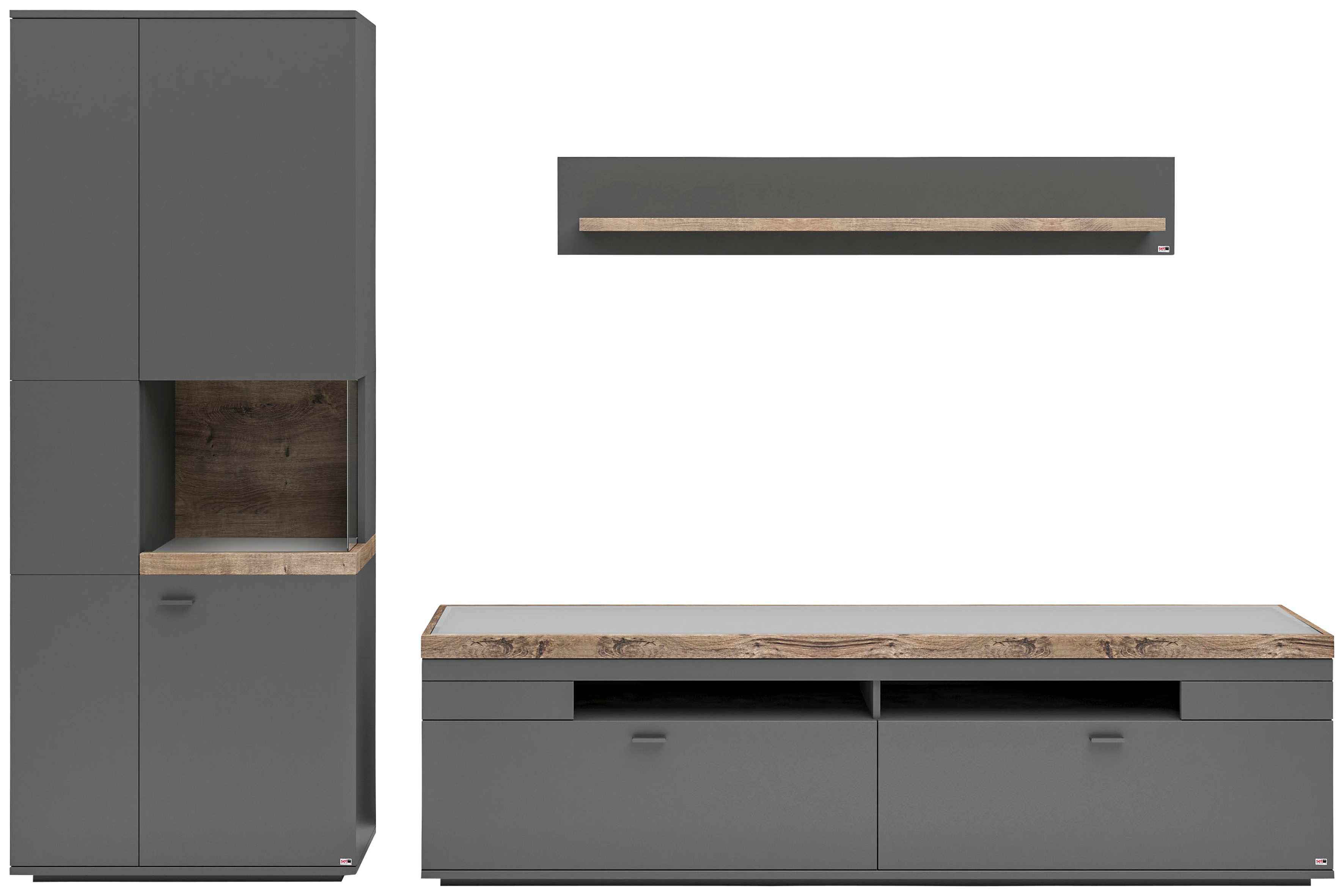 Wohnwand "Lancaster", grau (grau mit eiche ribbeck cognac), B:300cm H:206,2cm T:43,6cm, SET ONE BY MUSTERRING, Kastenmöbel-Sets, 3-teilig mit Fronten in weiß oder grau, Breite ca.300cm